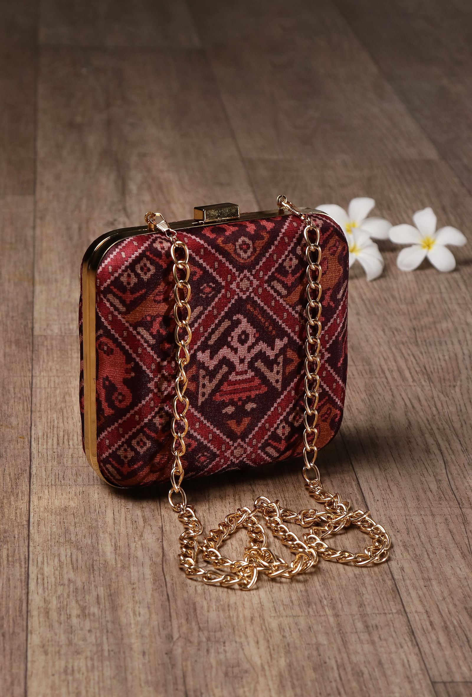 Gulab Maroon & Multi Patola Print Square Box Clutch