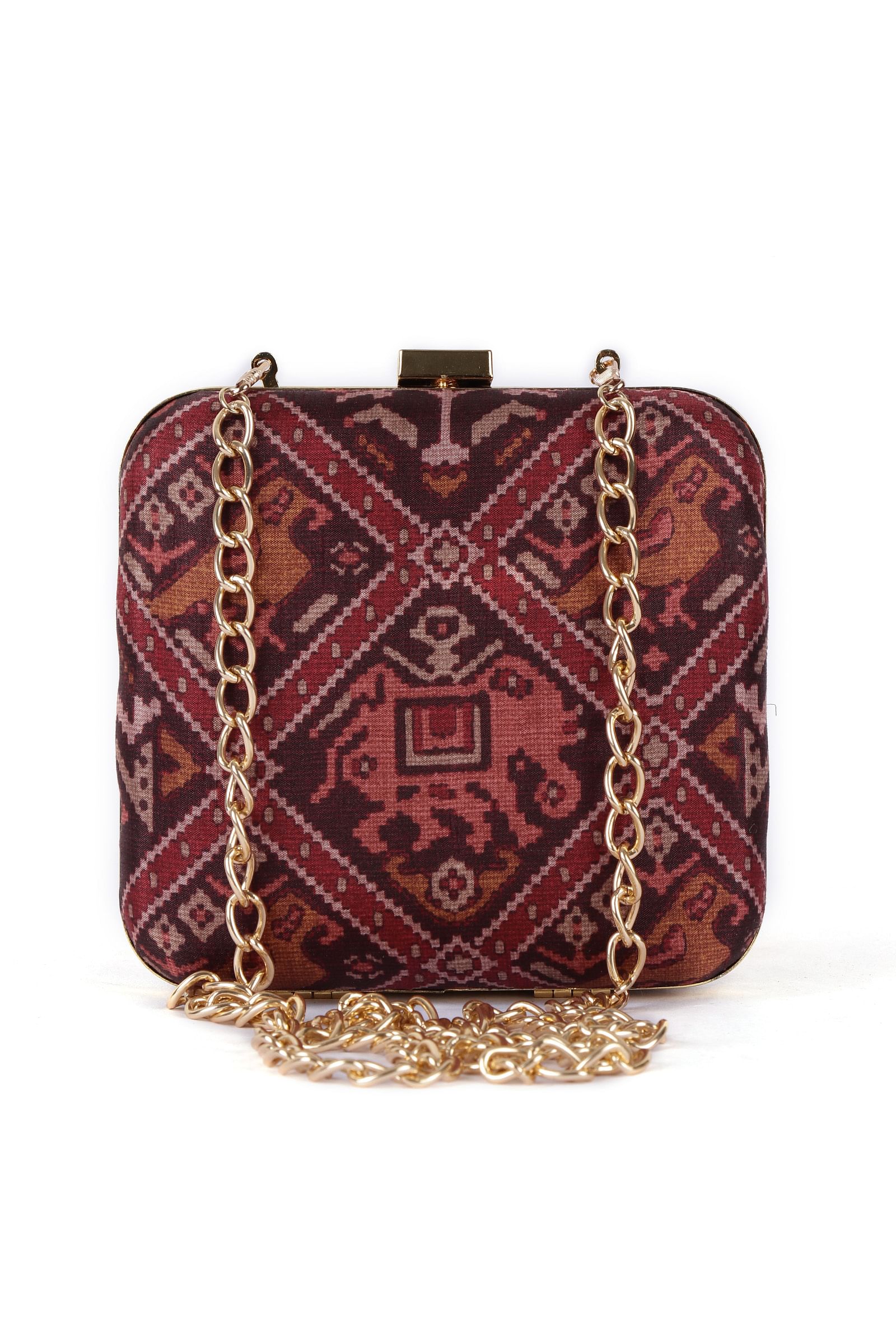 Gulab Maroon & Multi Patola Print Square Box Clutch
