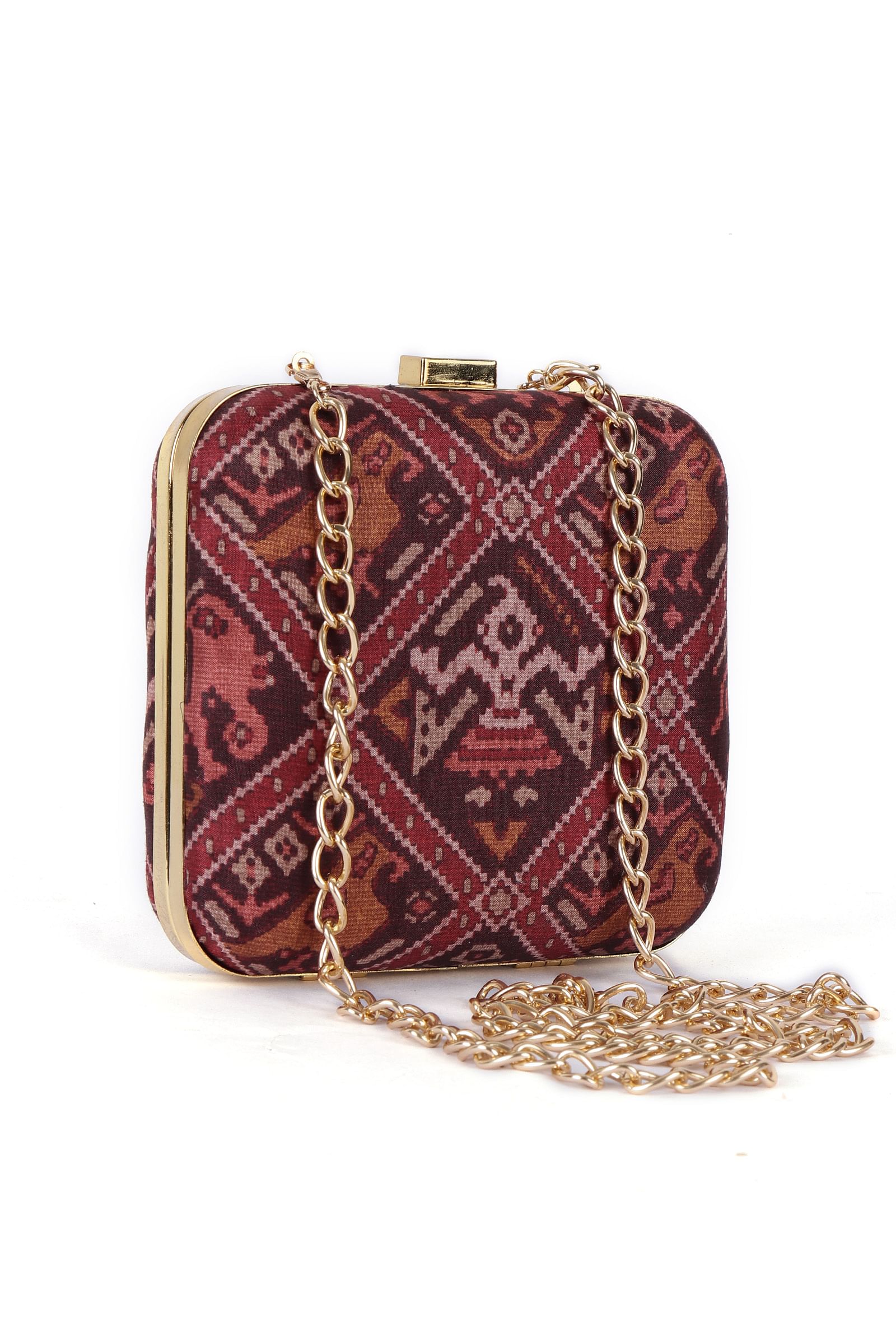Gulab Maroon & Multi Patola Print Square Box Clutch