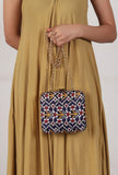 Leela Blue & Multi Patola Print Square Box Clutch