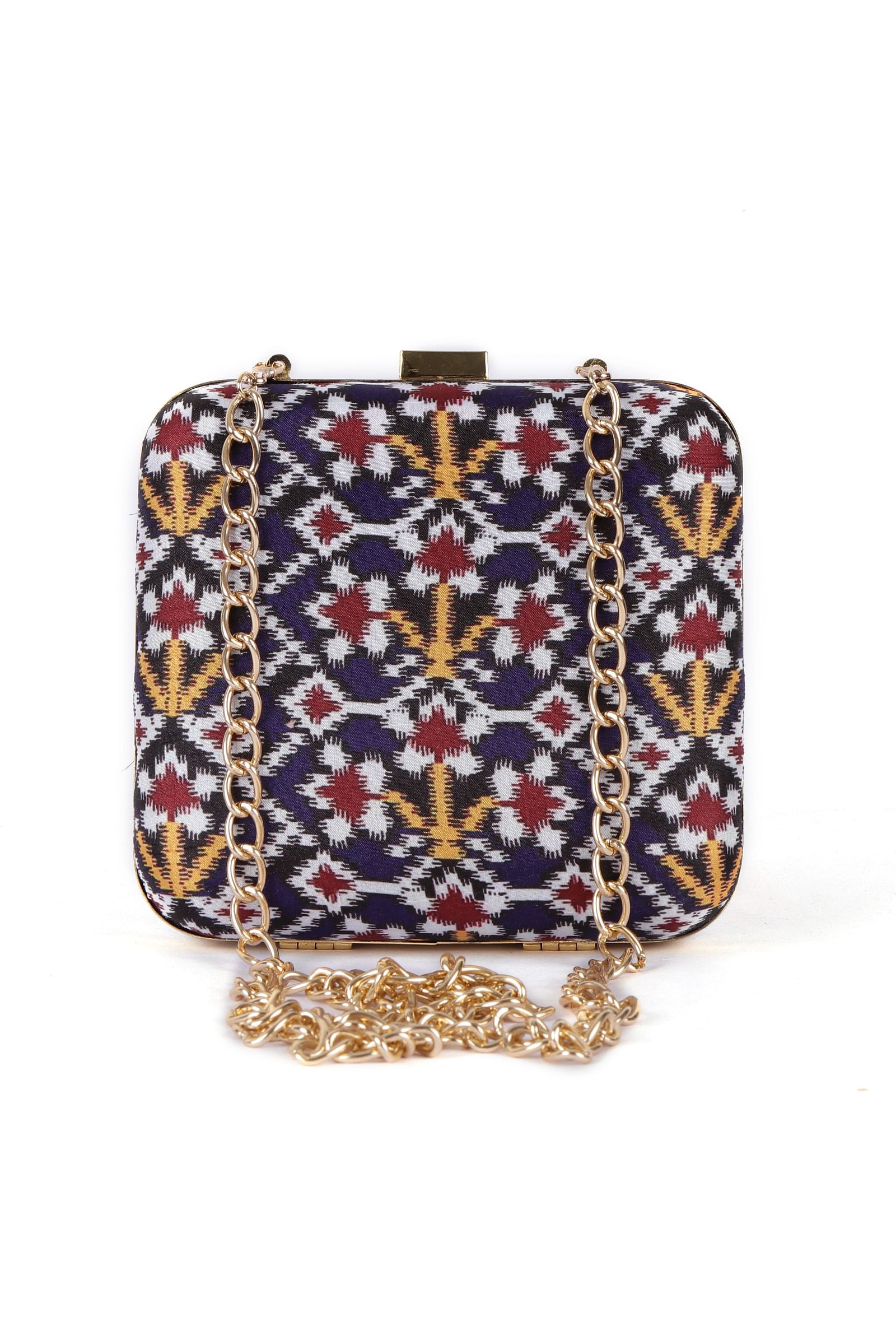 Leela Blue & Multi Patola Print Square Box Clutch