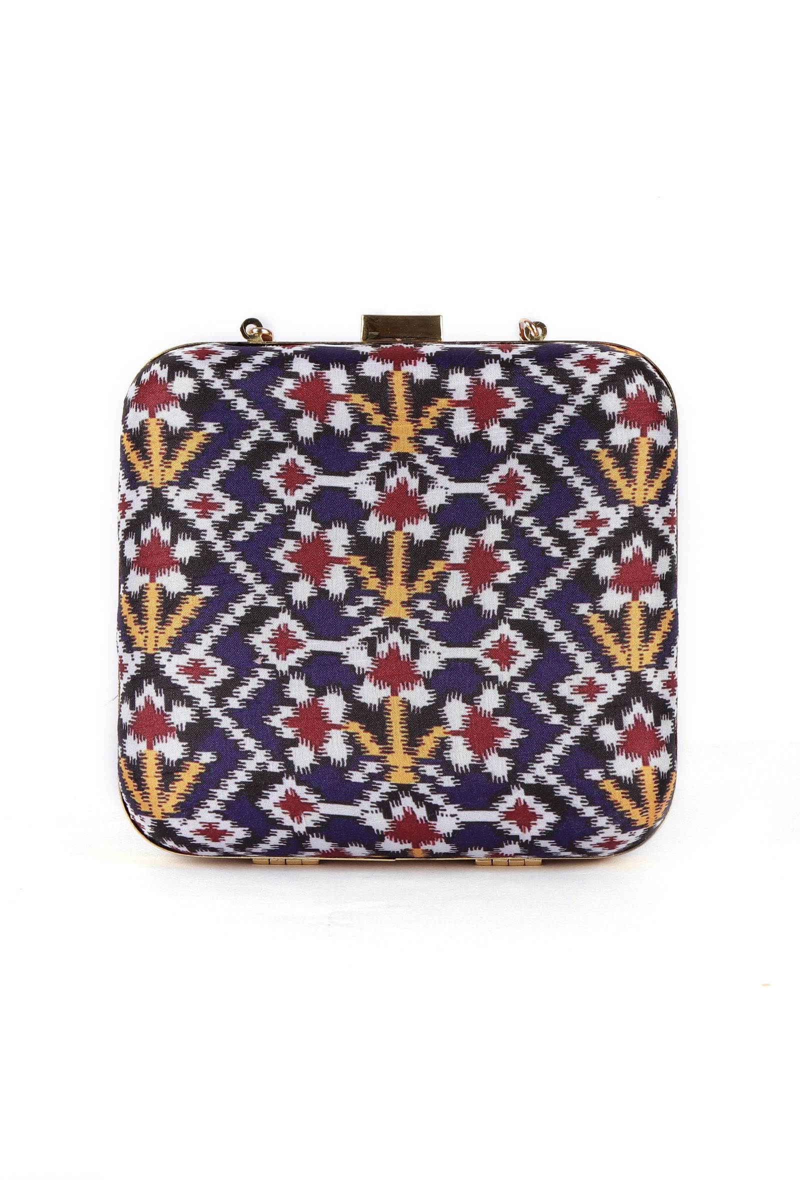 Leela Blue & Multi Patola Print Square Box Clutch
