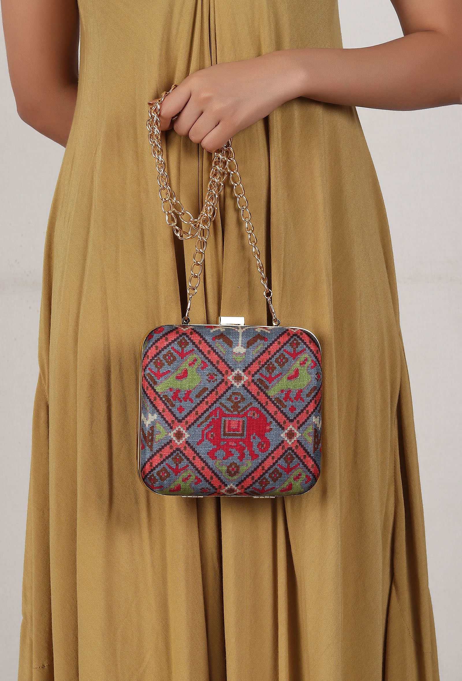 Panchhi Steel Blue & Coral Multi Patola Print Square Box Clutch