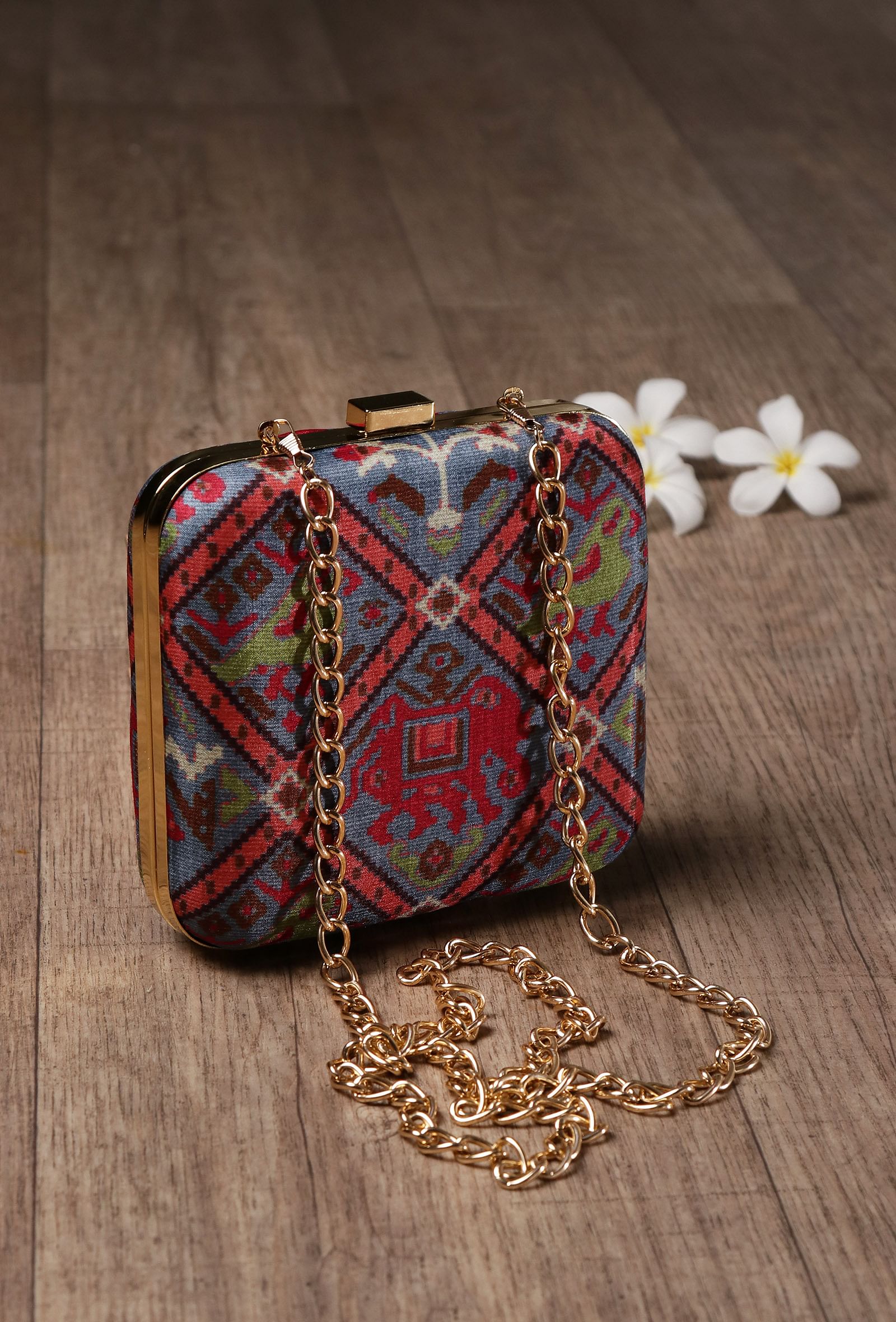 Panchhi Steel Blue & Coral Multi Patola Print Square Box Clutch