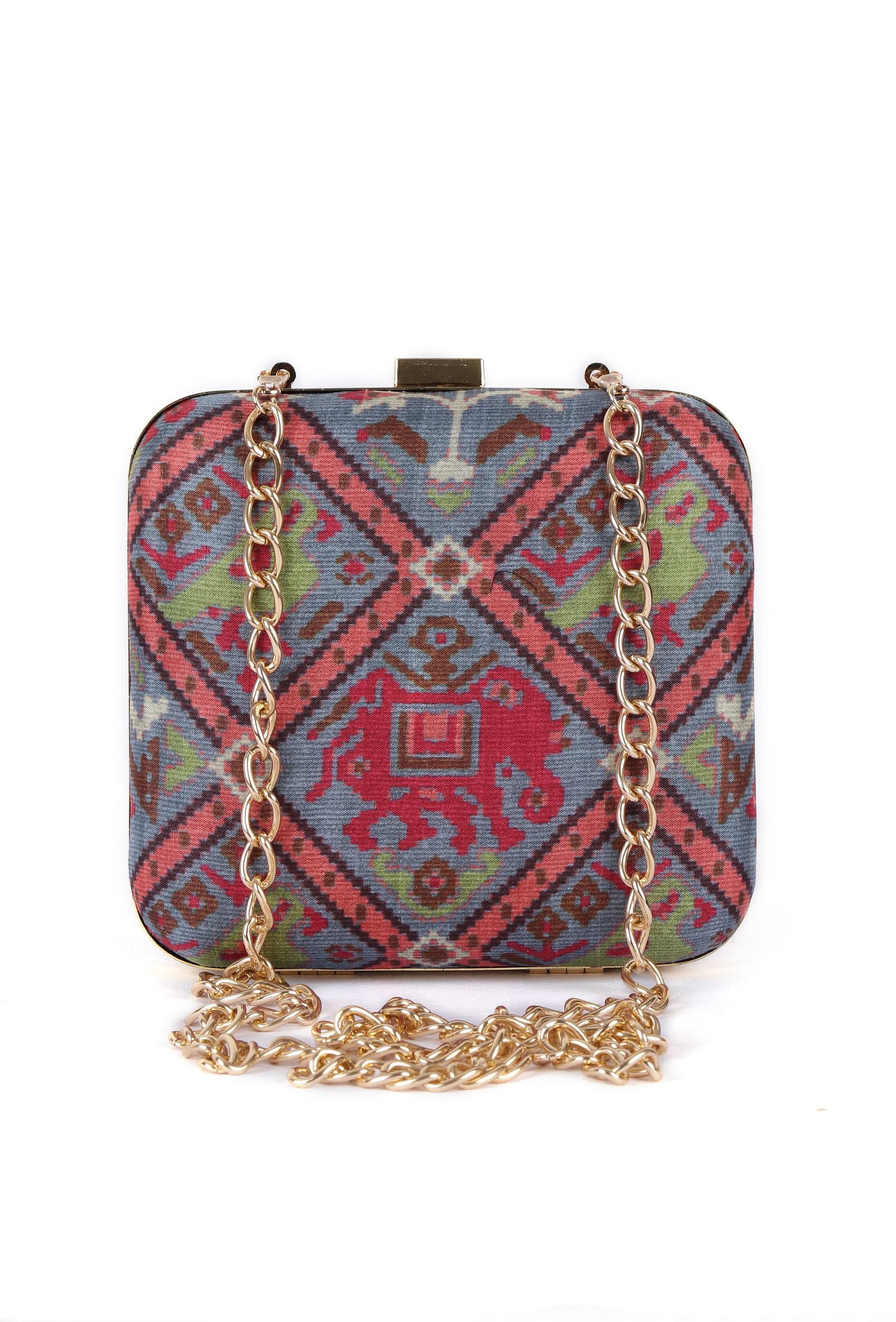 Panchhi Steel Blue & Coral Multi Patola Print Square Box Clutch