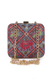 Panchhi Steel Blue & Coral Multi Patola Print Square Box Clutch