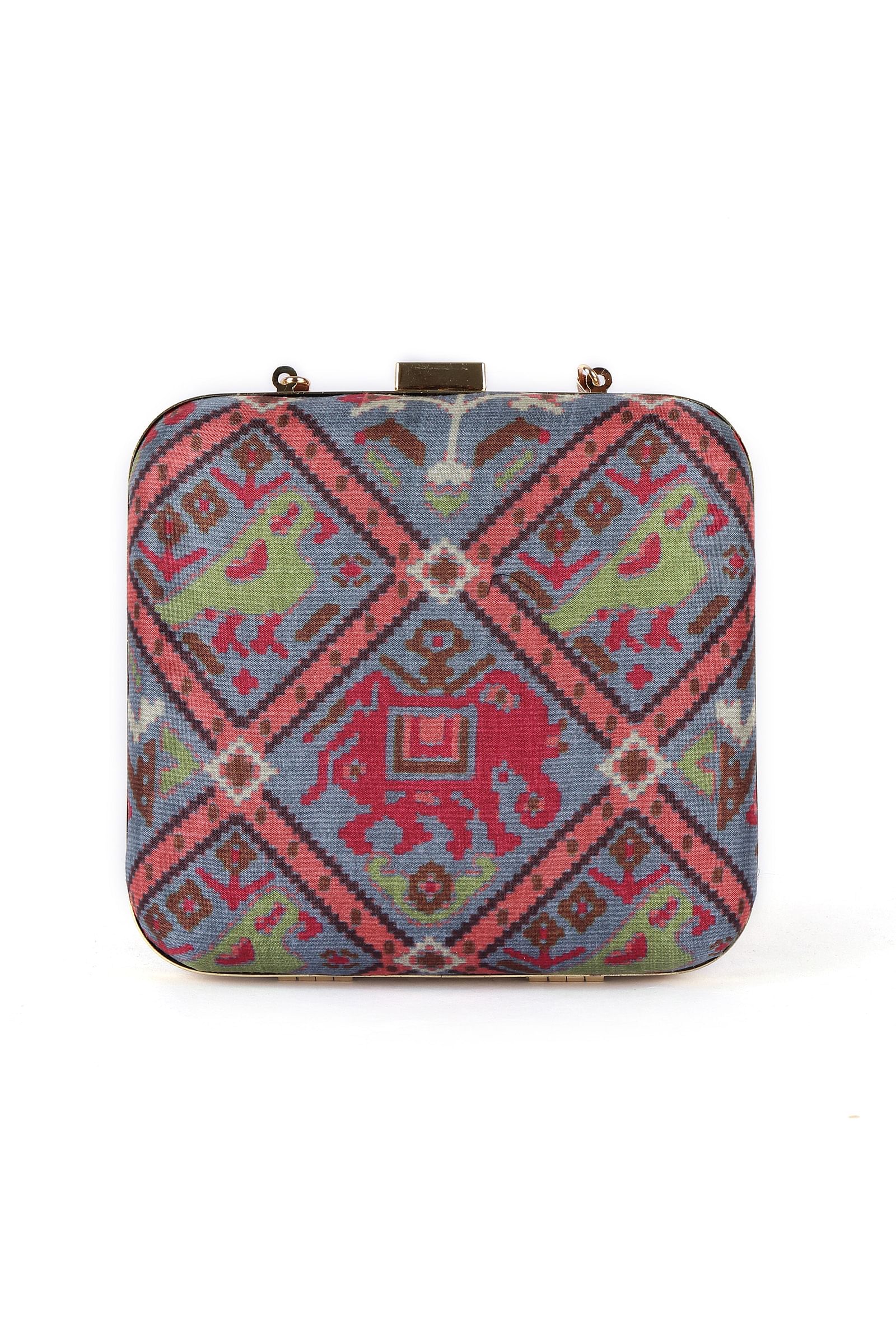 Panchhi Steel Blue & Coral Multi Patola Print Square Box Clutch