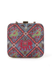 Panchhi Steel Blue & Coral Multi Patola Print Square Box Clutch