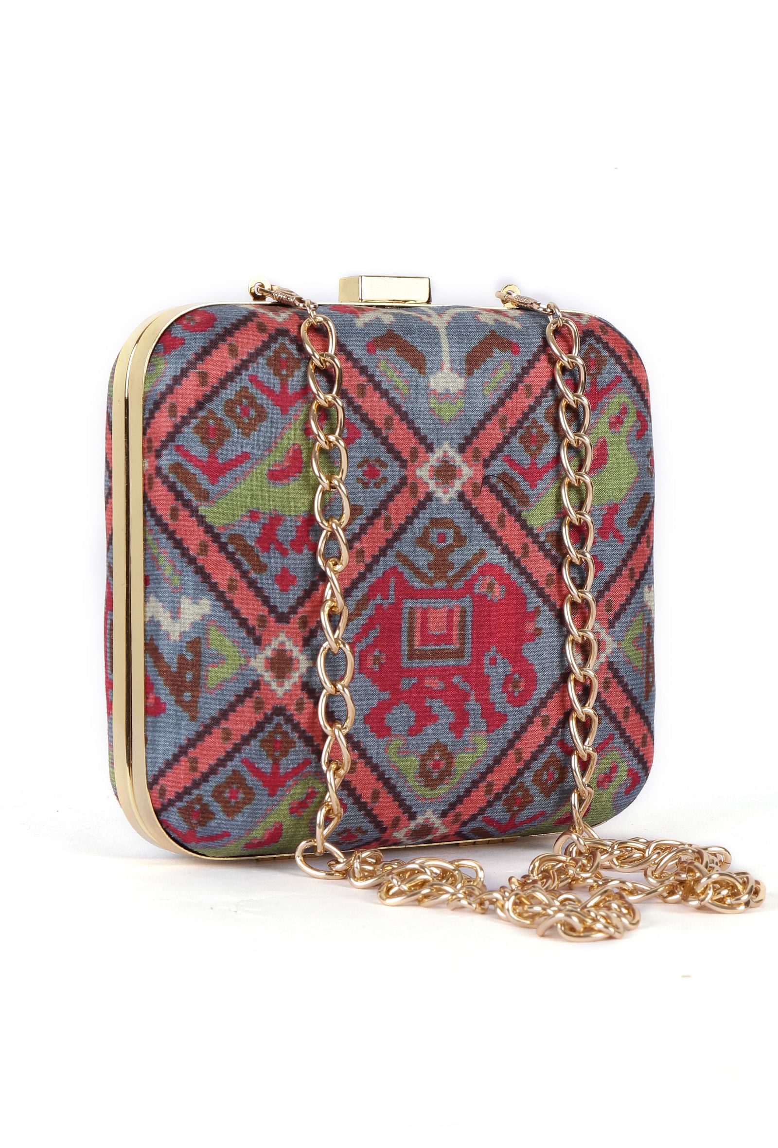 Panchhi Steel Blue & Coral Multi Patola Print Square Box Clutch