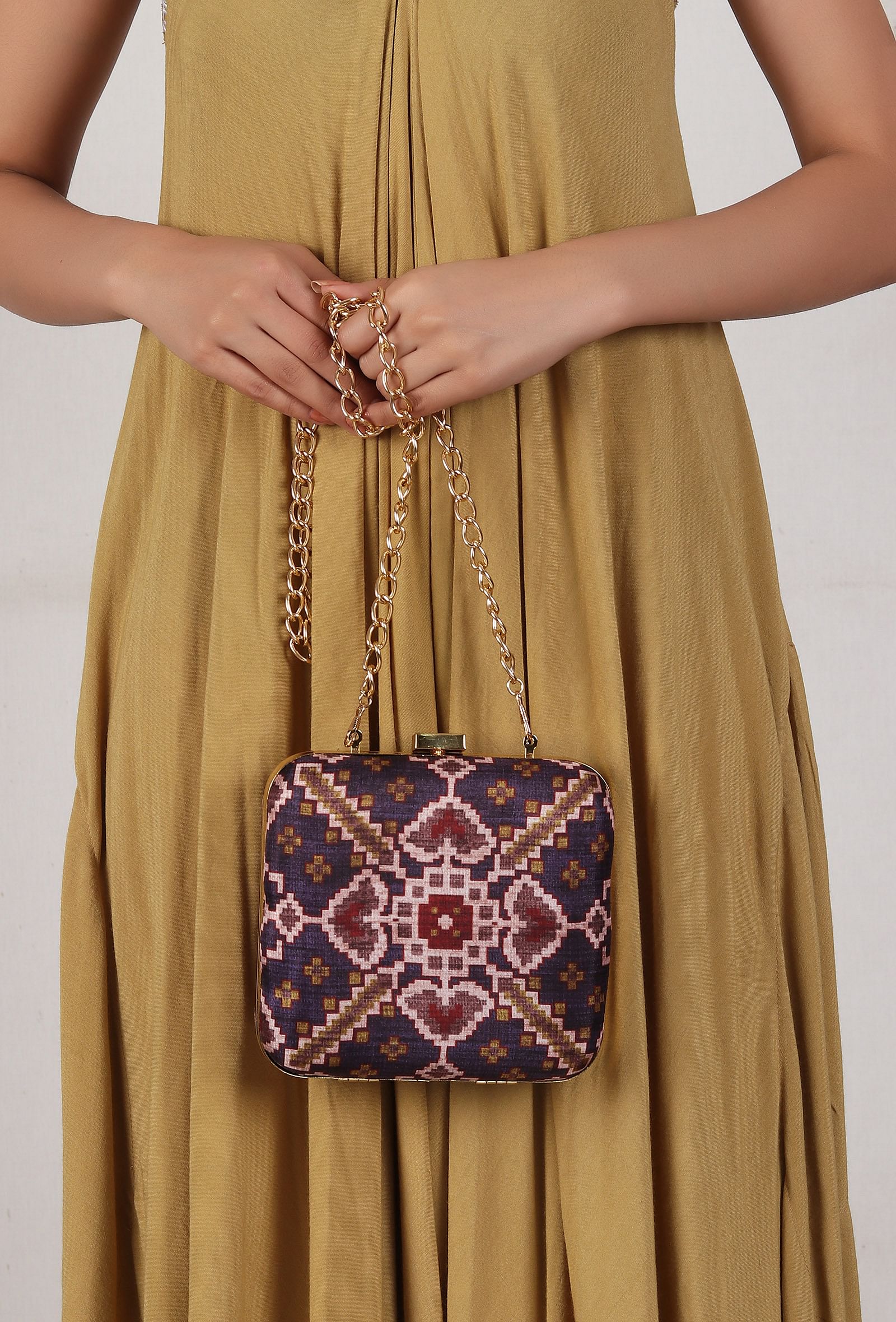 Noori Purple & Multi Patola Print Square Box Clutch