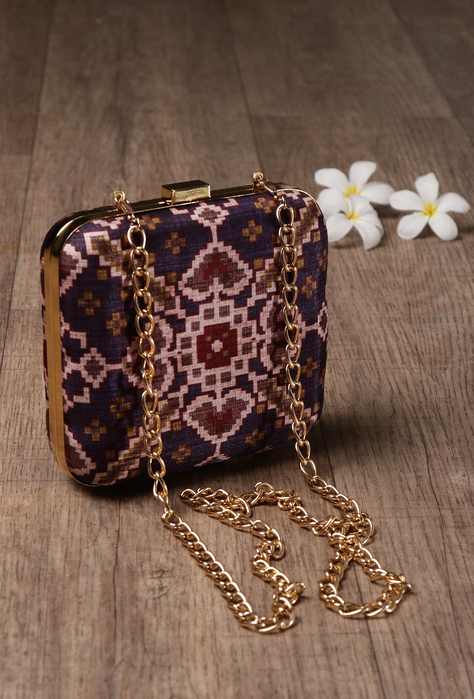 Noori Purple & Multi Patola Print Square Box Clutch