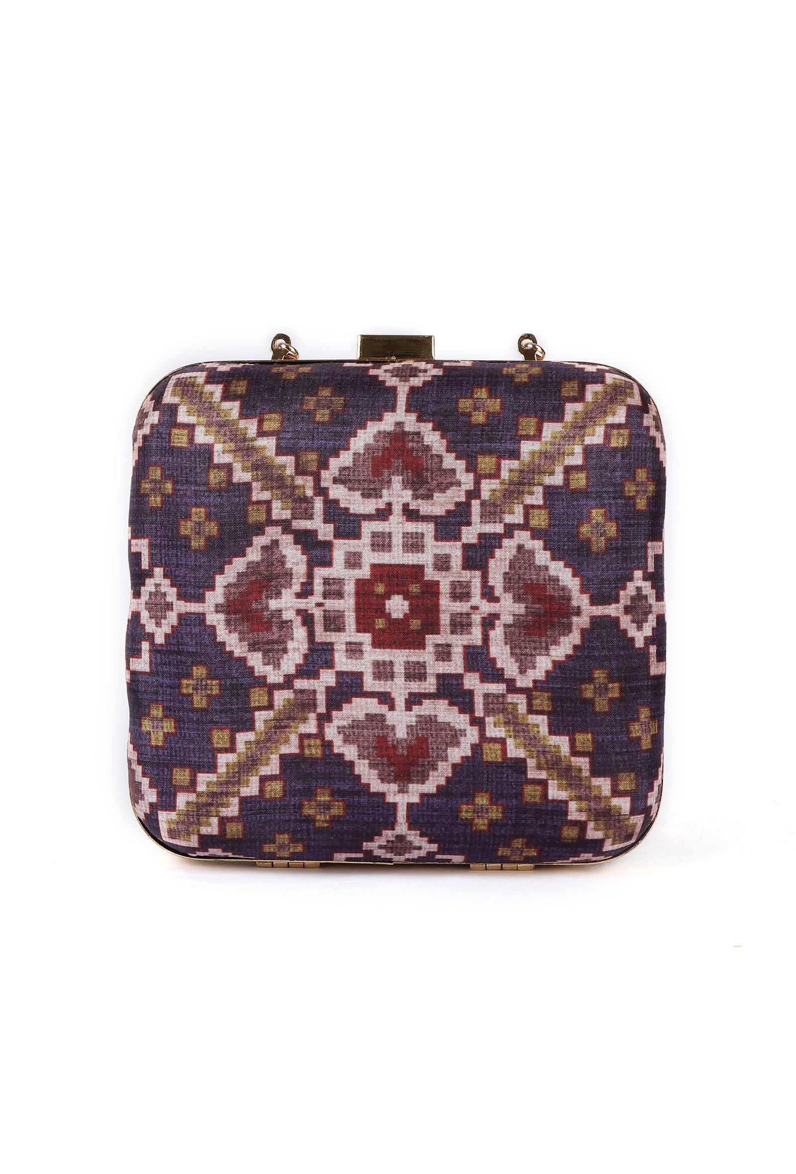 Noori Purple & Multi Patola Print Square Box Clutch