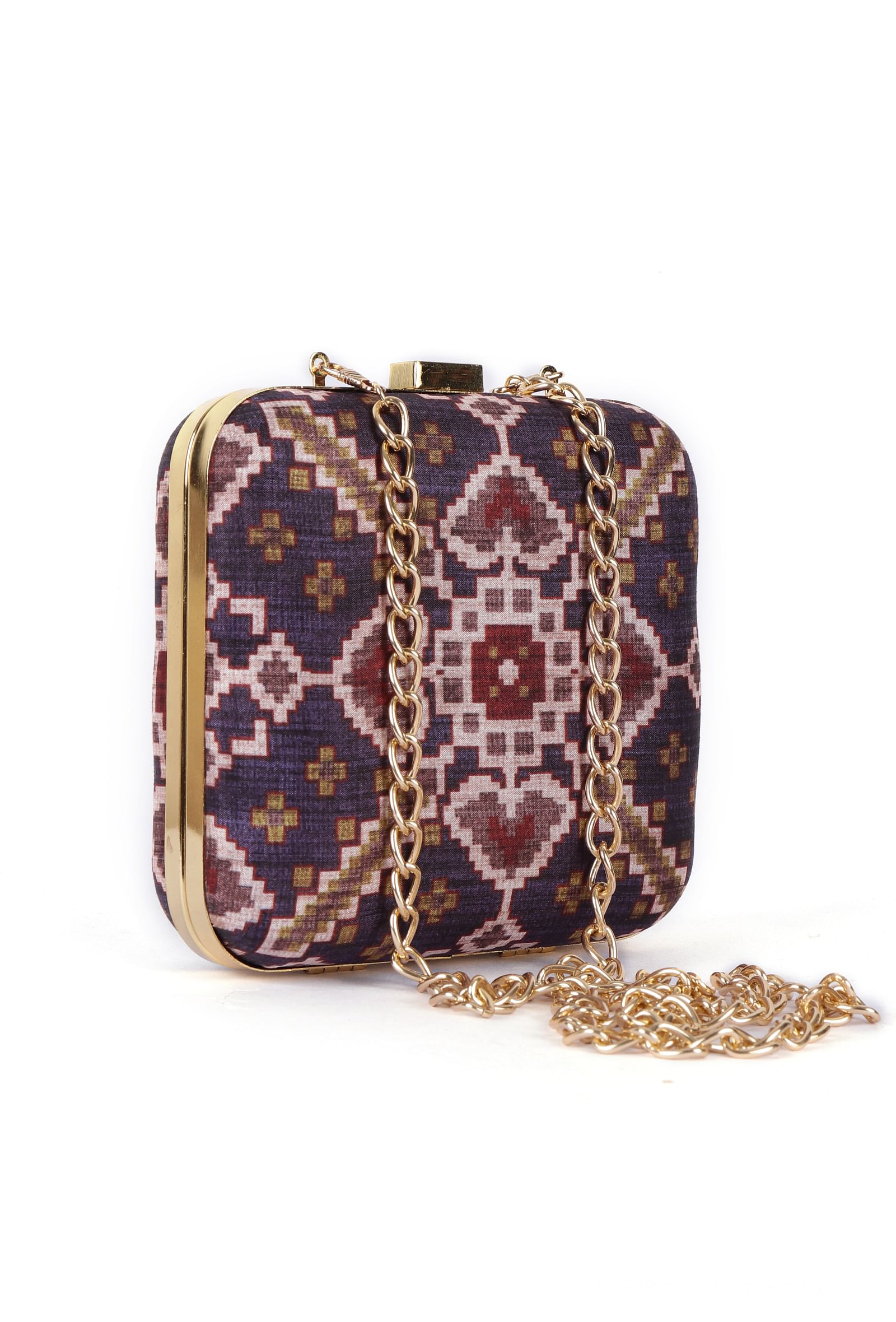 Noori Purple & Multi Patola Print Square Box Clutch