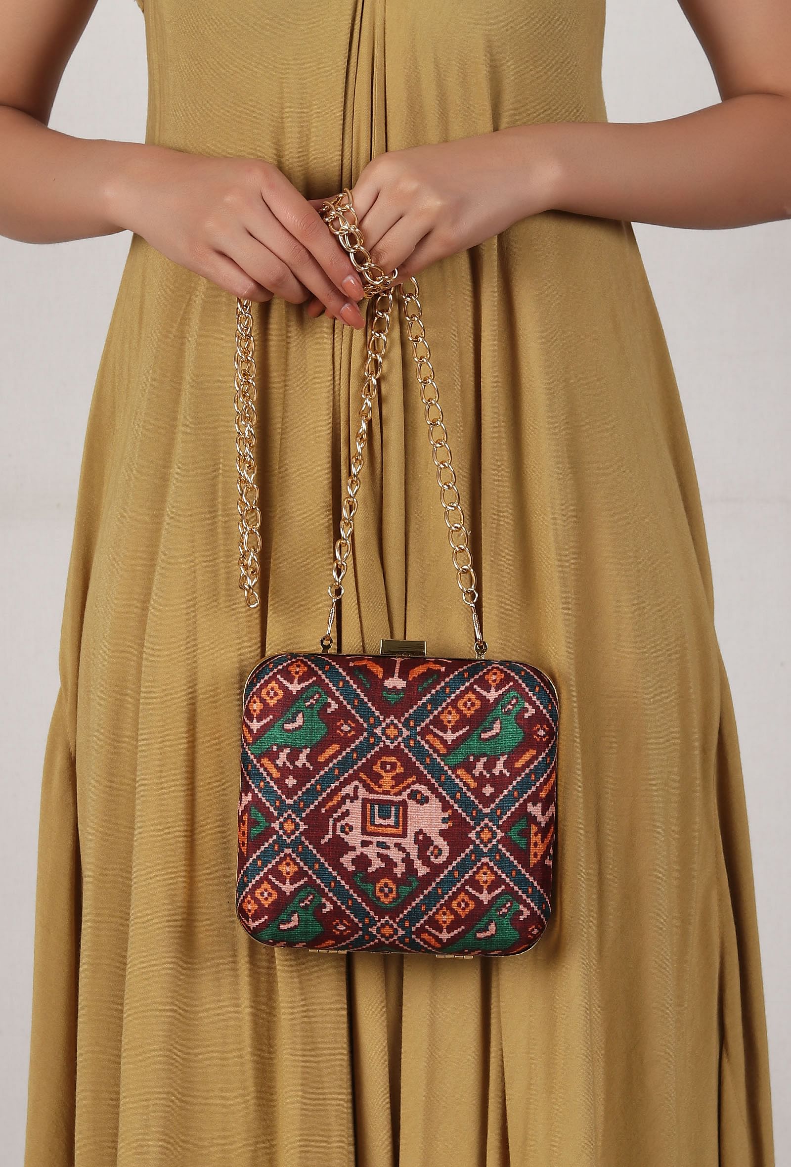 Parisa Maroon, Blue & Multi Patola Print Square Box Clutch