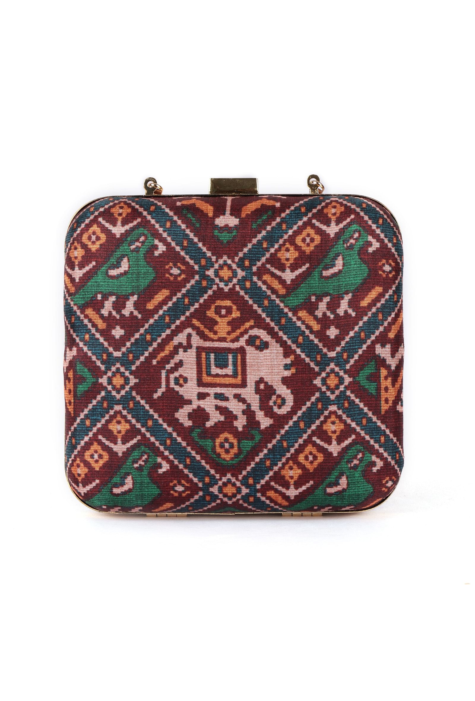 Parisa Maroon, Blue & Multi Patola Print Square Box Clutch