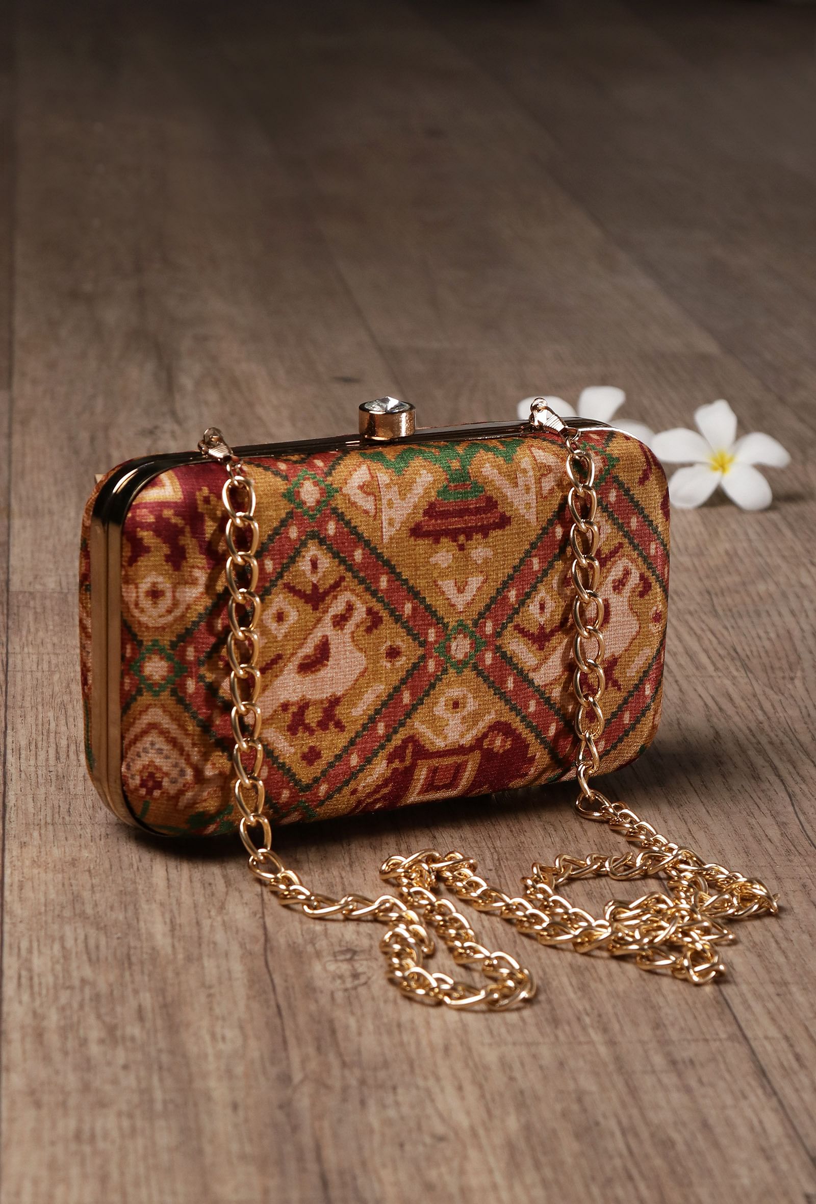 Azalea Golden & Multi Patola Print Rectangular Box Clutch