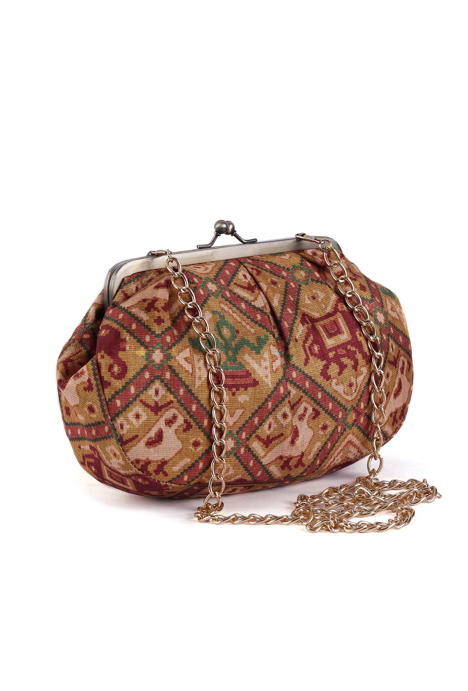 Golden & Multi Silk Patola Print Clutch