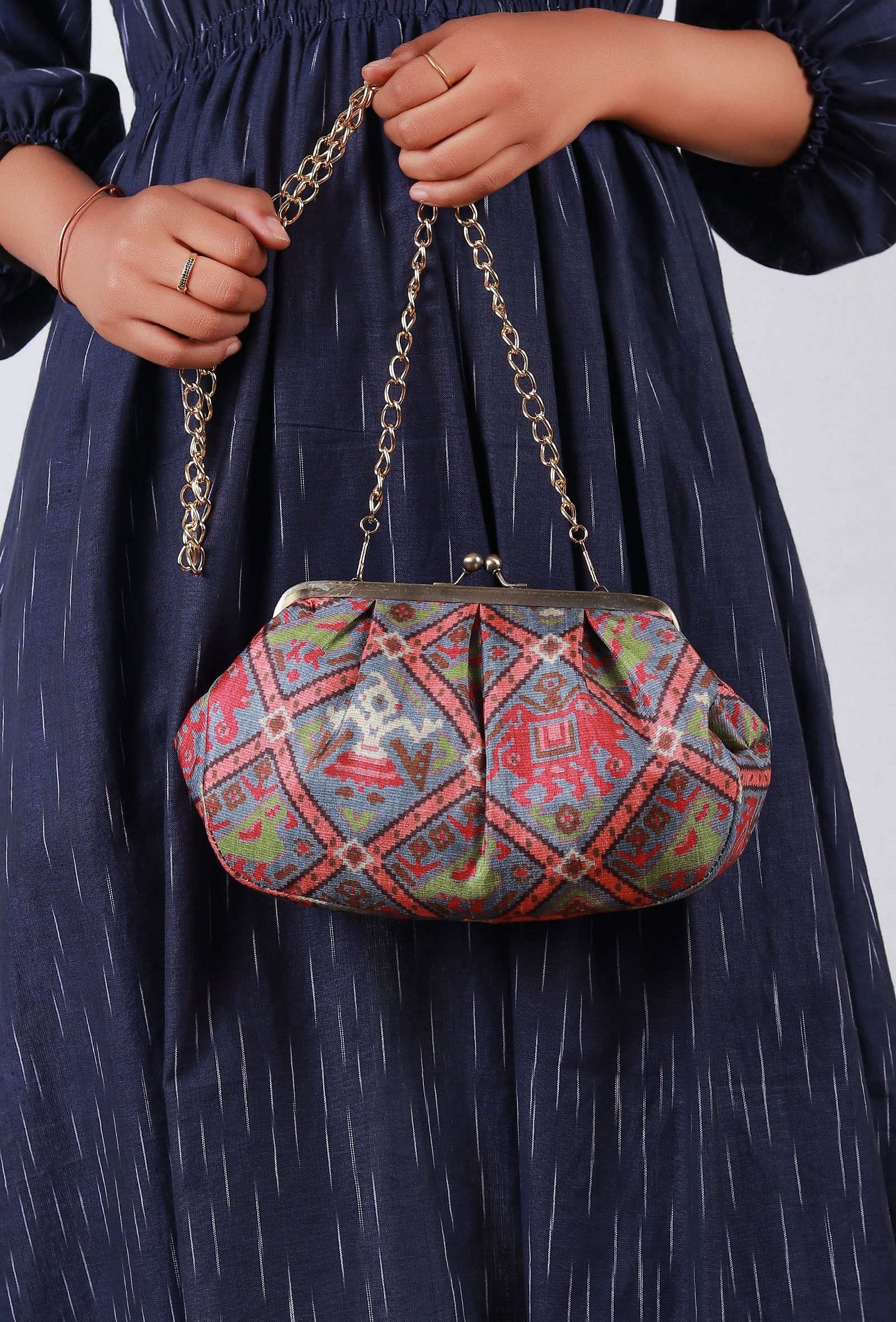 Blue & Multi Silk Patola Print Clutch