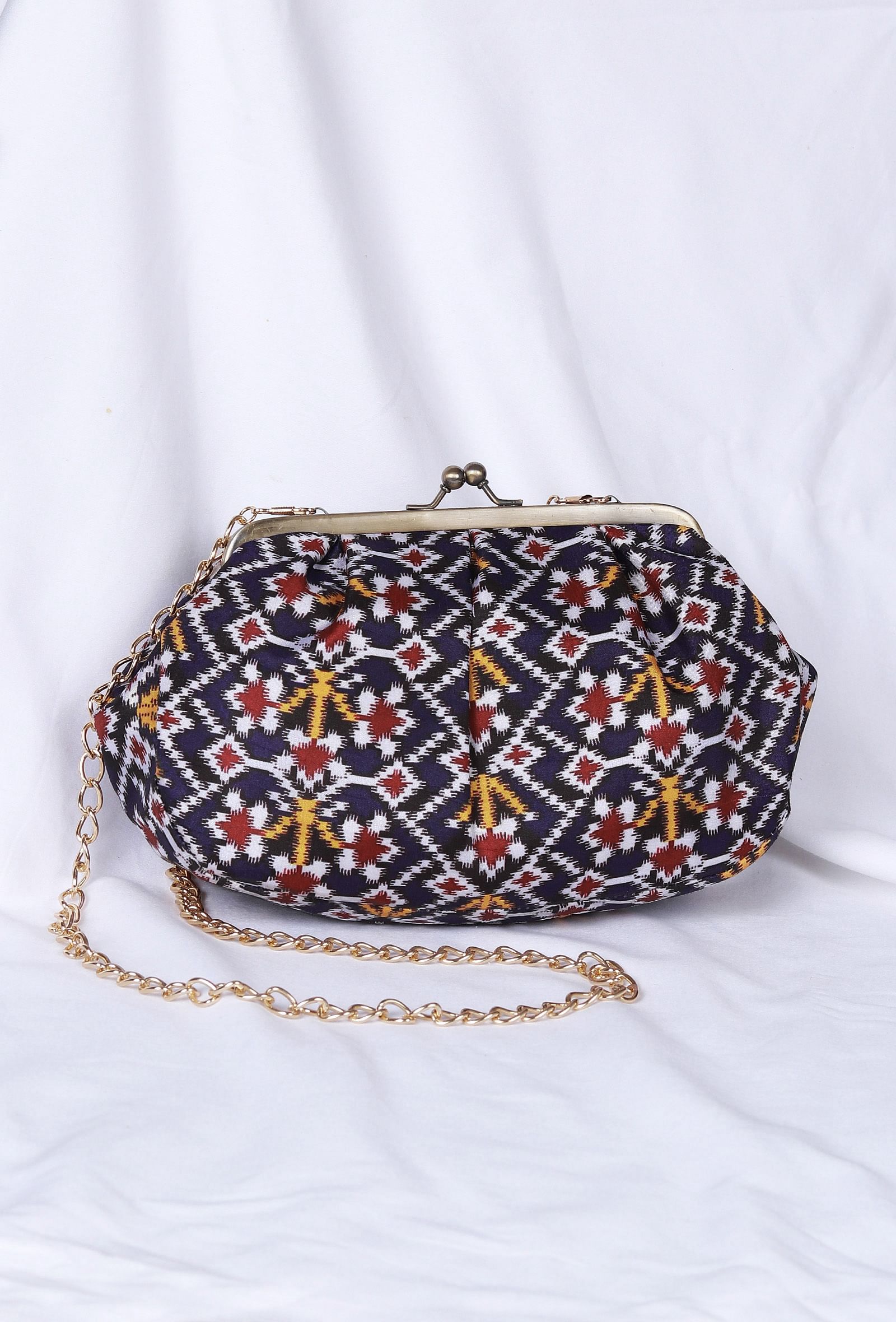 White, Blue & Multi Silk Patola Print Clutch