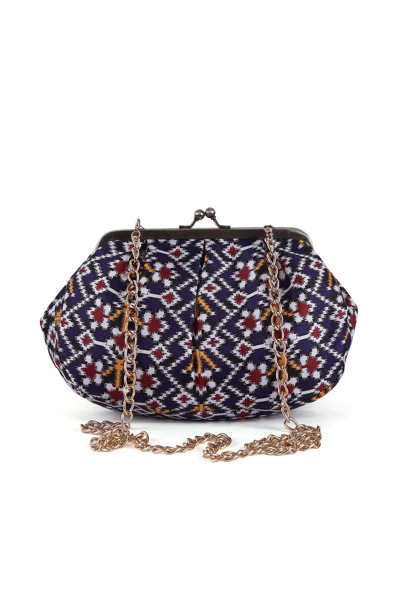 White, Blue & Multi Silk Patola Print Clutch
