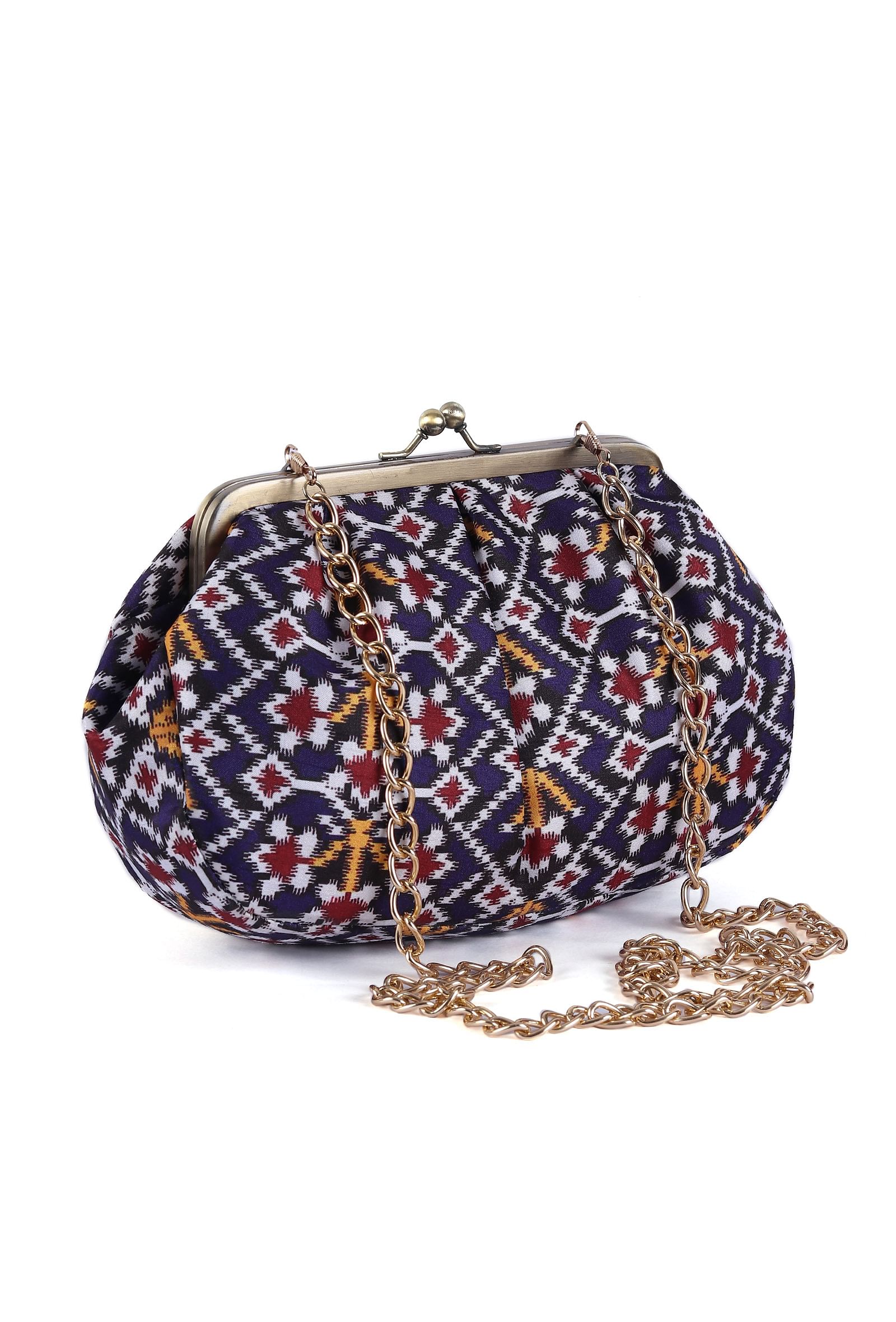 White, Blue & Multi Silk Patola Print Clutch