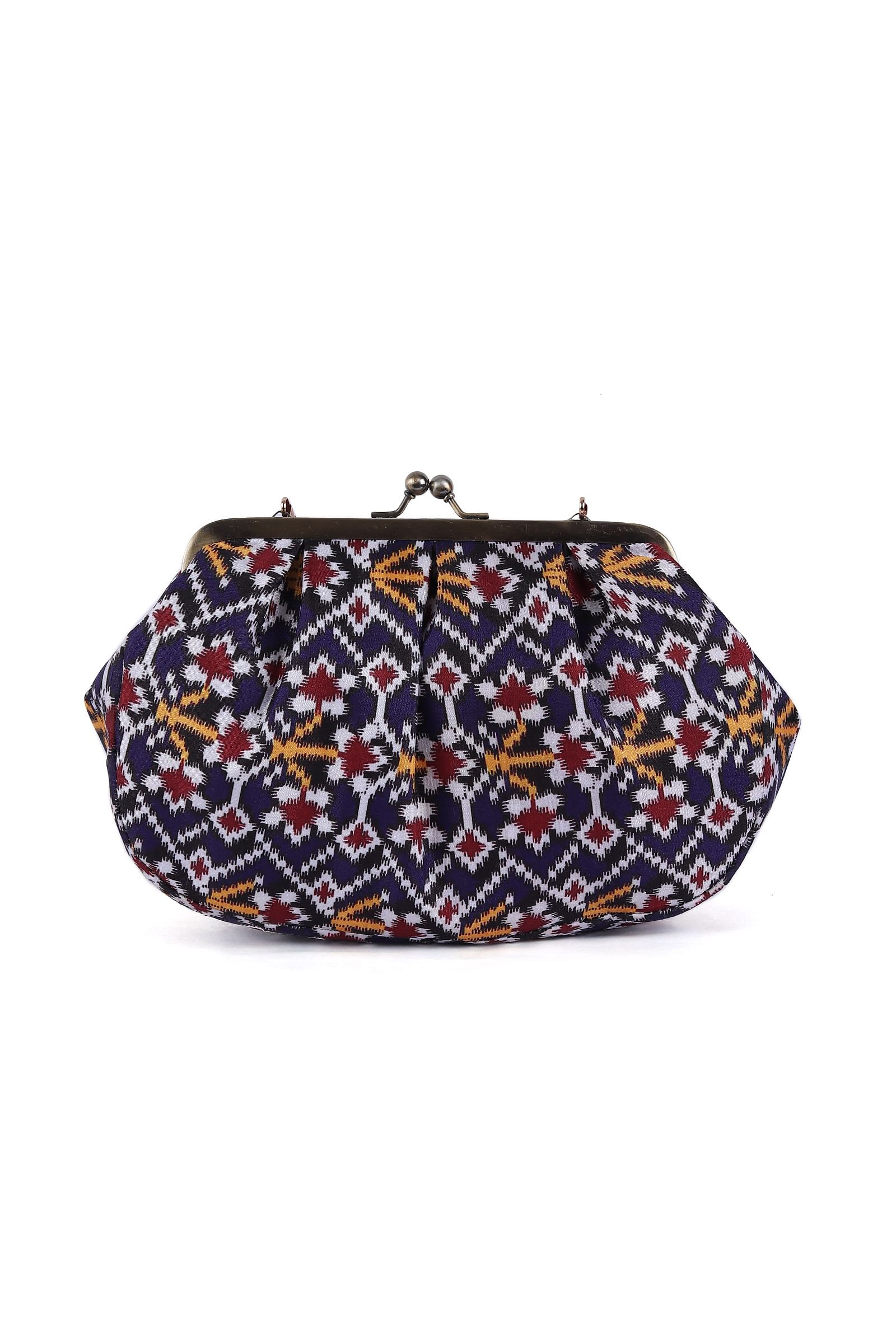 White, Blue & Multi Silk Patola Print Clutch