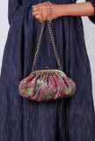 Stone Blue, Coral & Multi Silk Patola Print Gathered Clutch