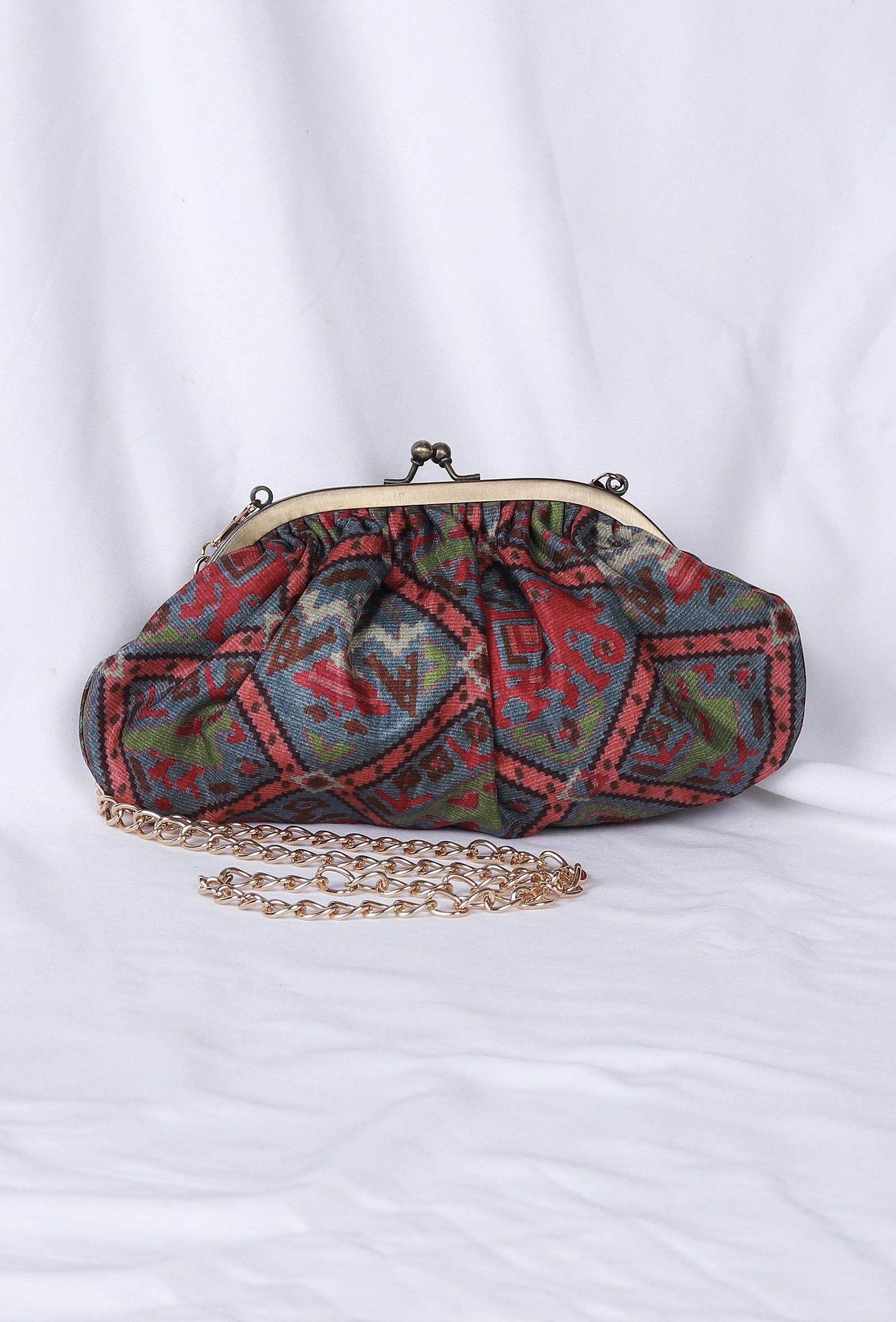 Stone Blue, Coral & Multi Silk Patola Print Gathered Clutch