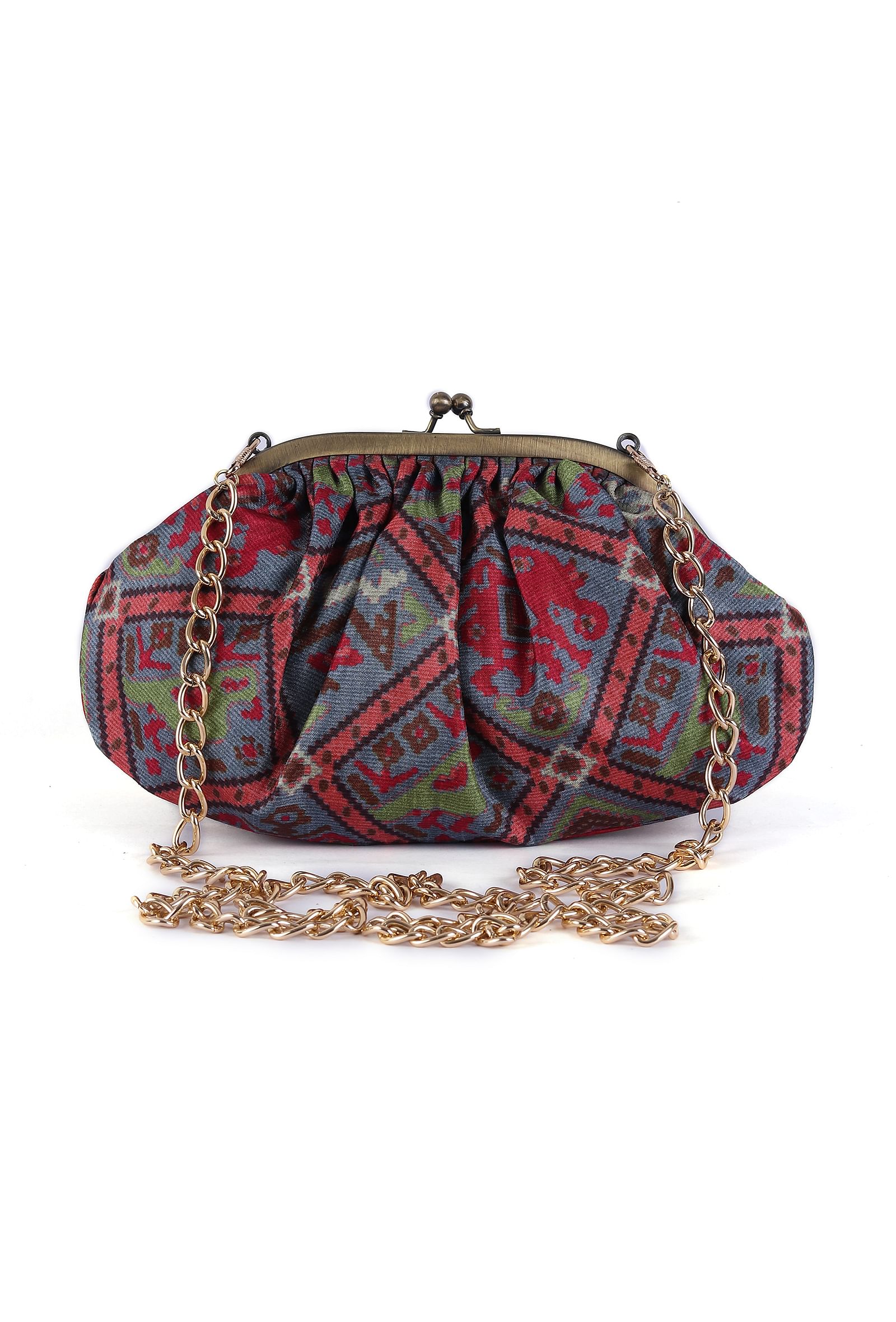 Stone Blue, Coral & Multi Silk Patola Print Gathered Clutch