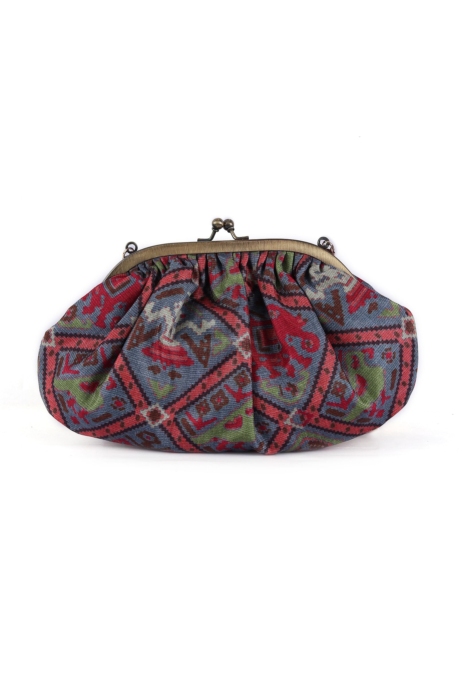 Stone Blue, Coral & Multi Silk Patola Print Gathered Clutch