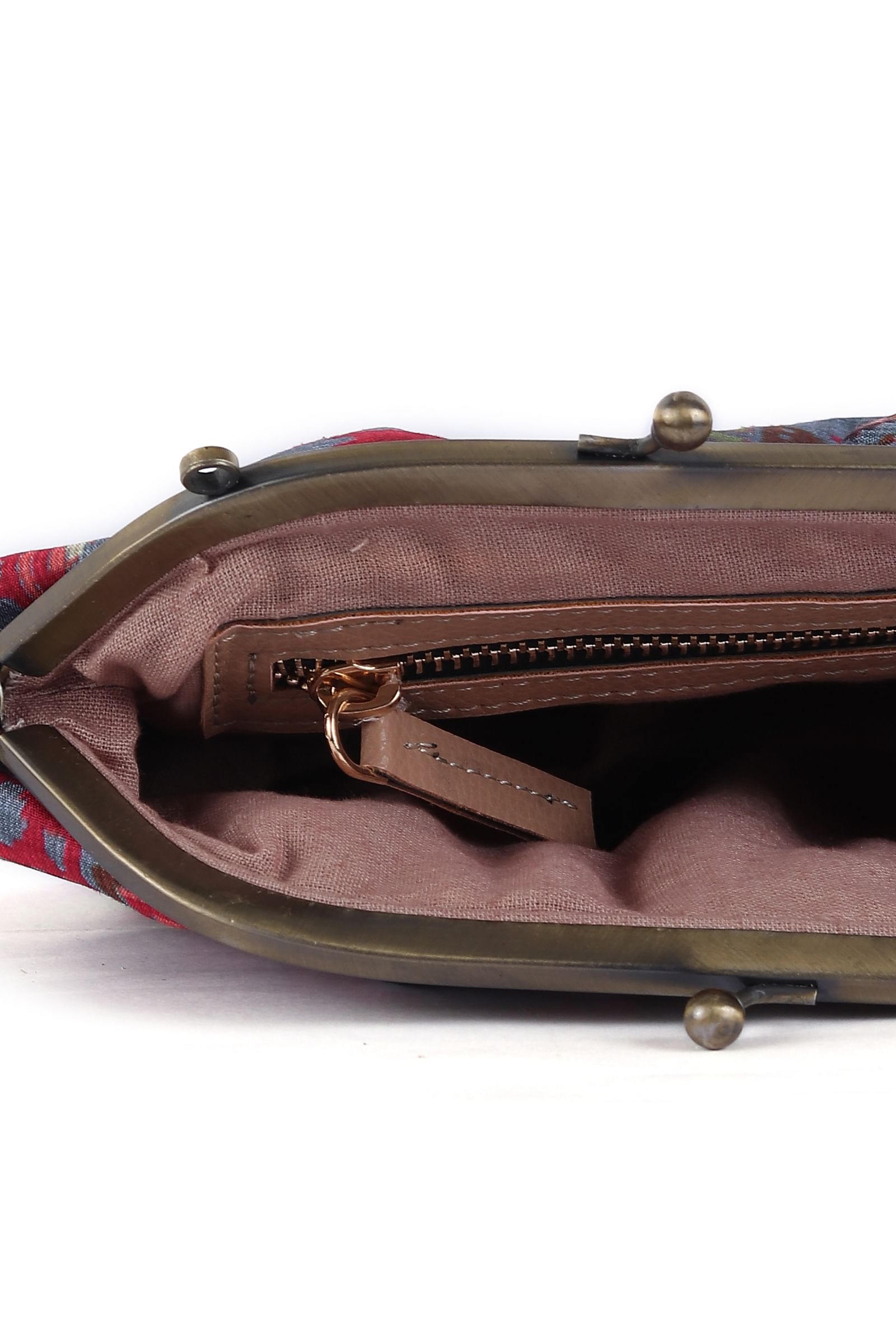 Stone Blue, Coral & Multi Silk Patola Print Gathered Clutch