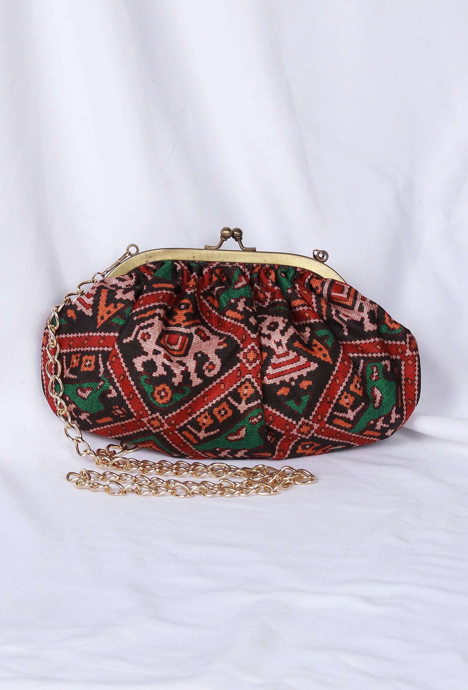 Green, Red & Multi Silk Patola Print Gathered Clutch