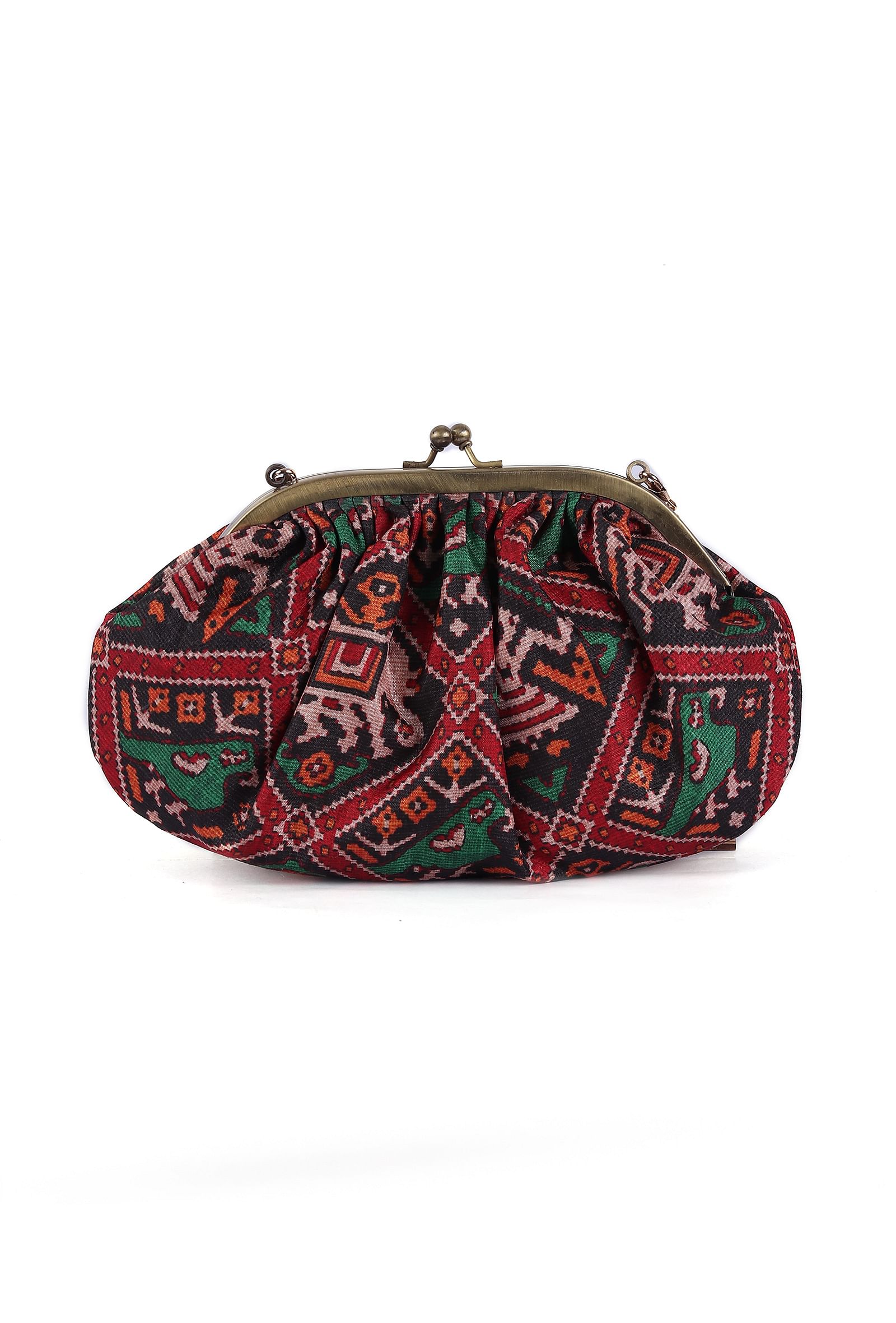Green, Red & Multi Silk Patola Print Gathered Clutch