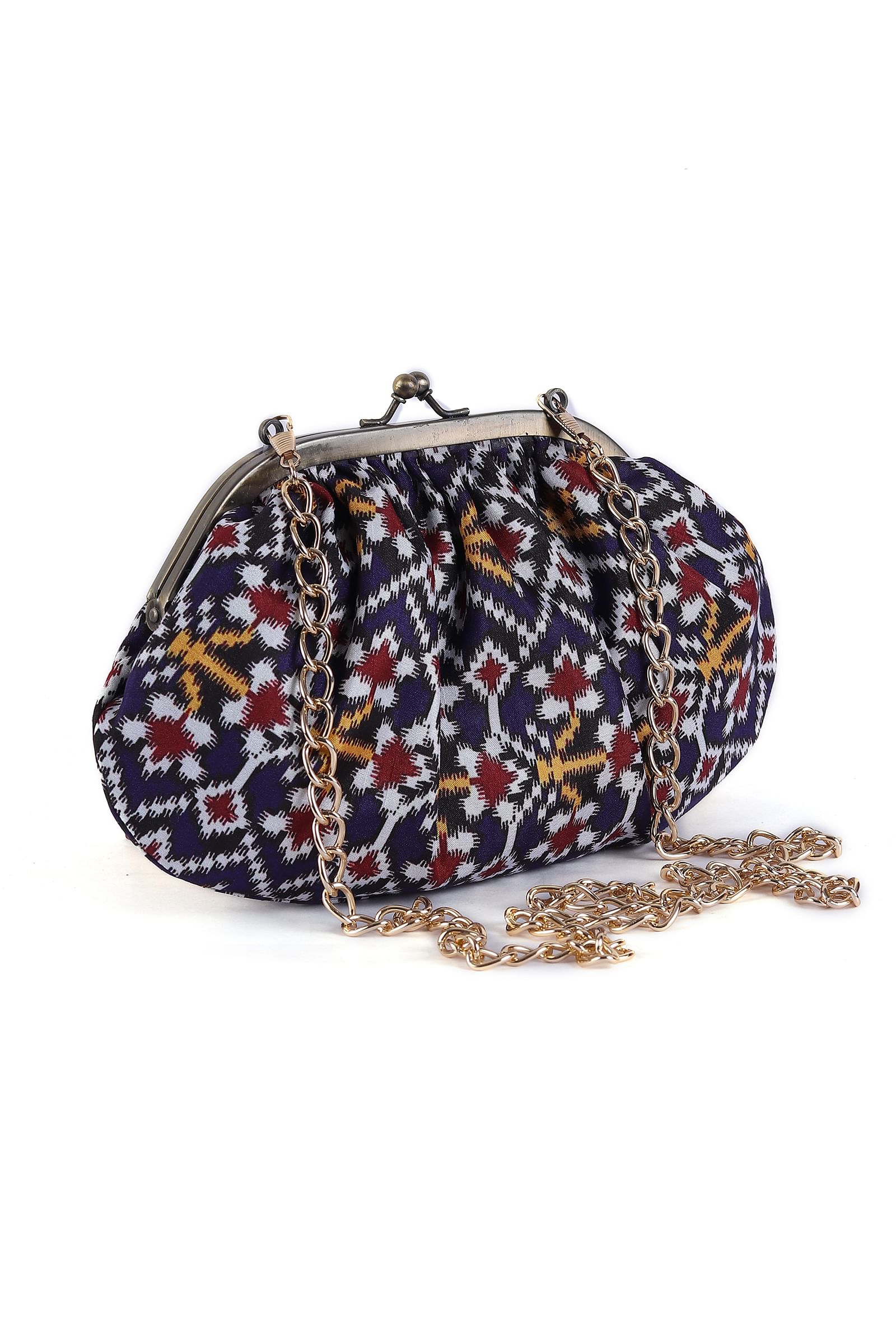 White, Blue & Multi Silk Patola Print Gathered Clutch