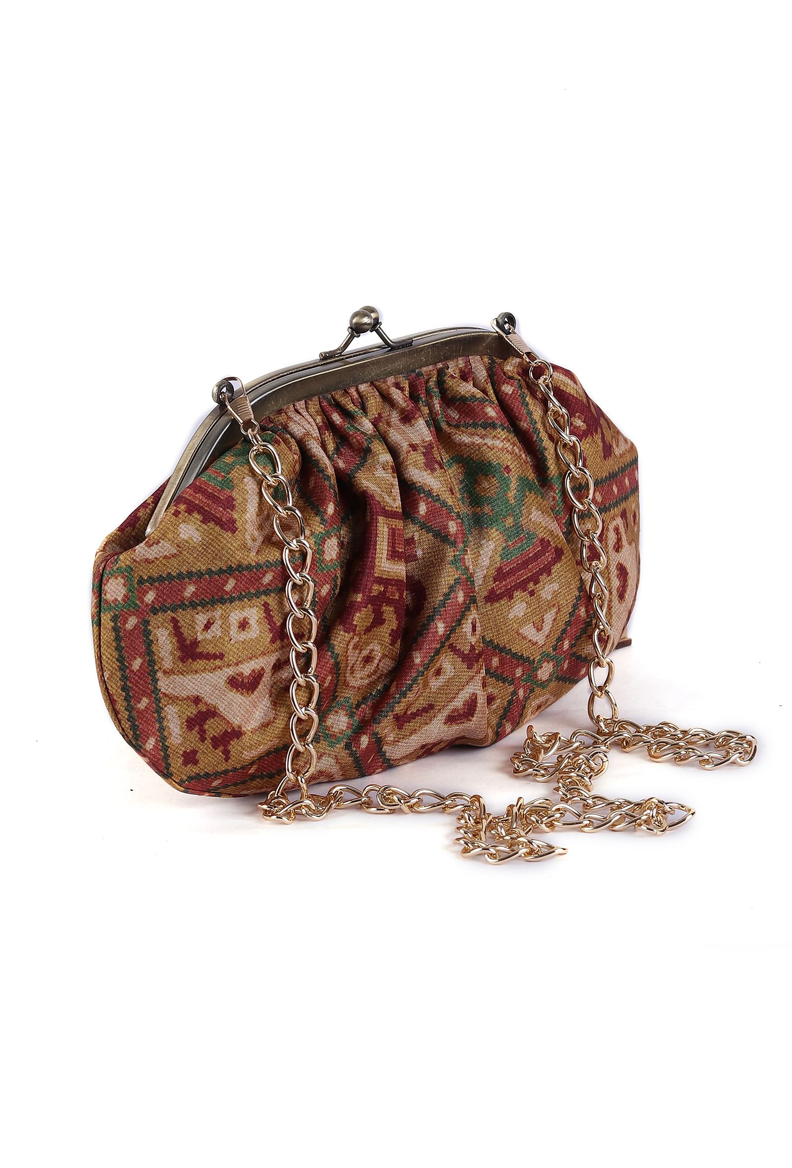 Golden & Multi Silk Patola Print Gathered Clutch