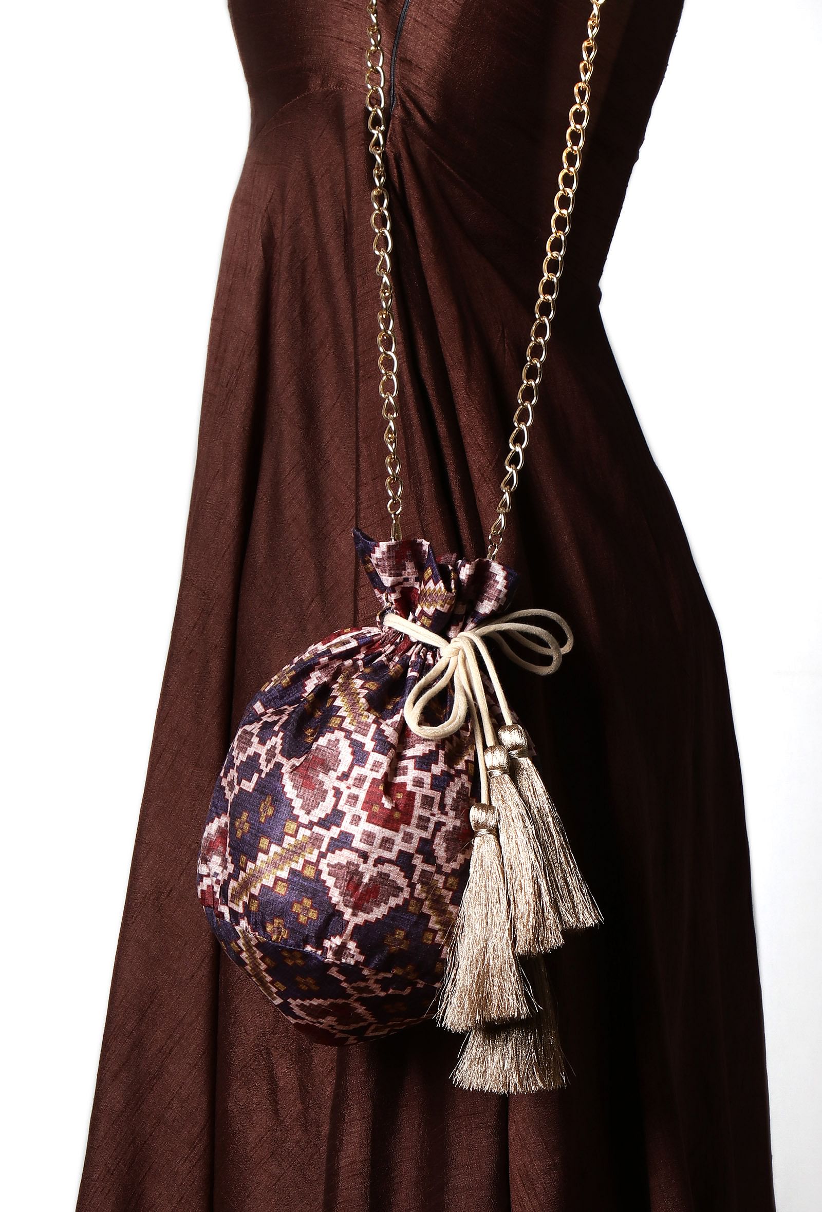 Brinda Blue & Multi Silk Patola Print Potli With Tassels