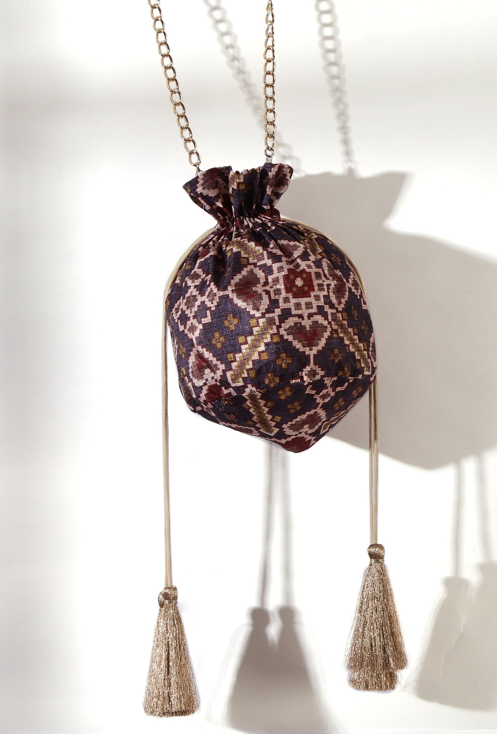 Brinda Blue & Multi Silk Patola Print Potli With Tassels