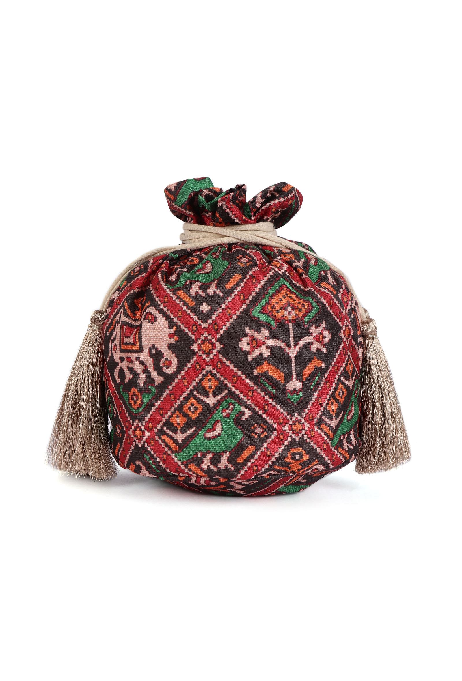 Aarna Green, Red & Multi Silk Patola Print Potli With Tassels