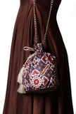Advika Blue & Multi Silk Patola Print Potli With Tassels