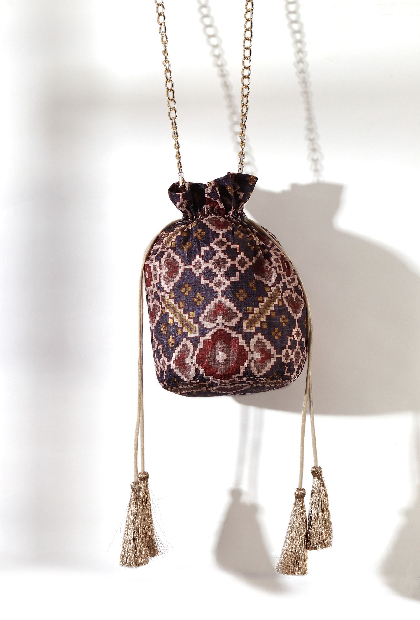 Advika Blue & Multi Silk Patola Print Potli With Tassels