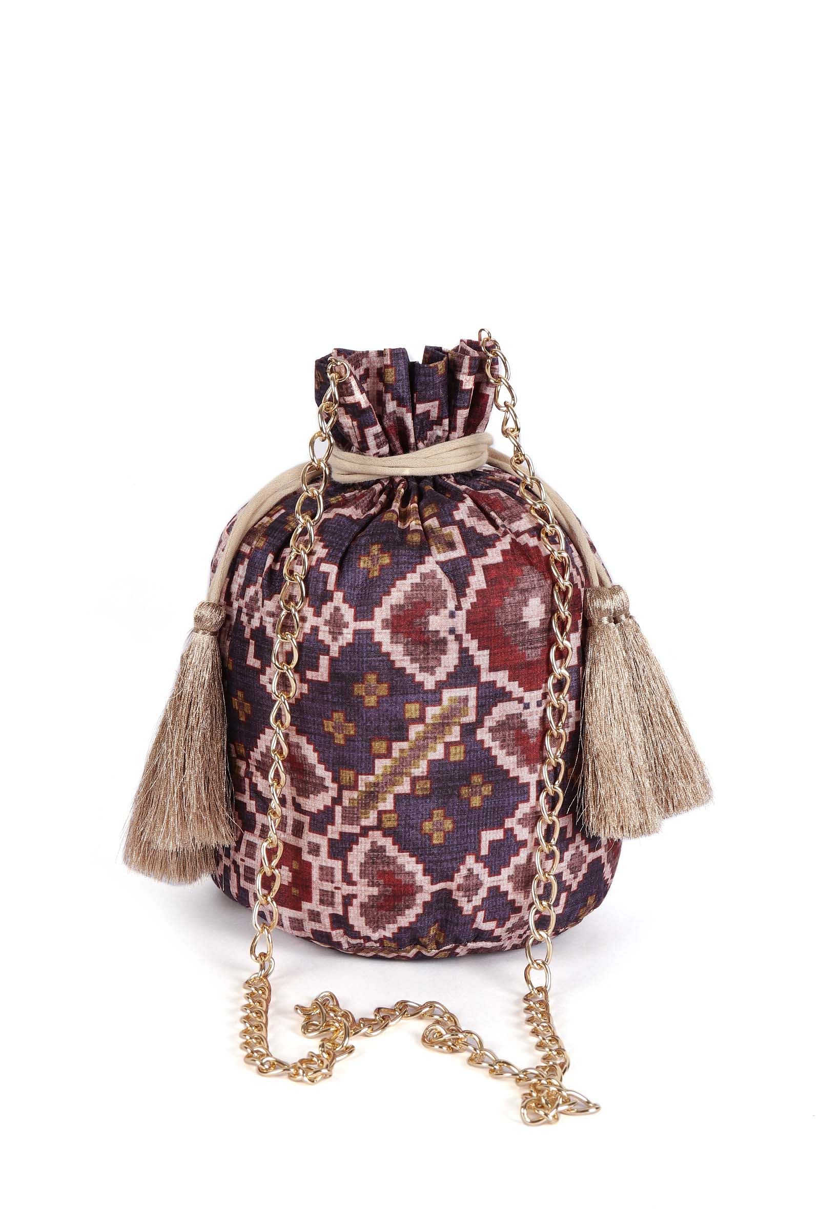 Advika Blue & Multi Silk Patola Print Potli With Tassels