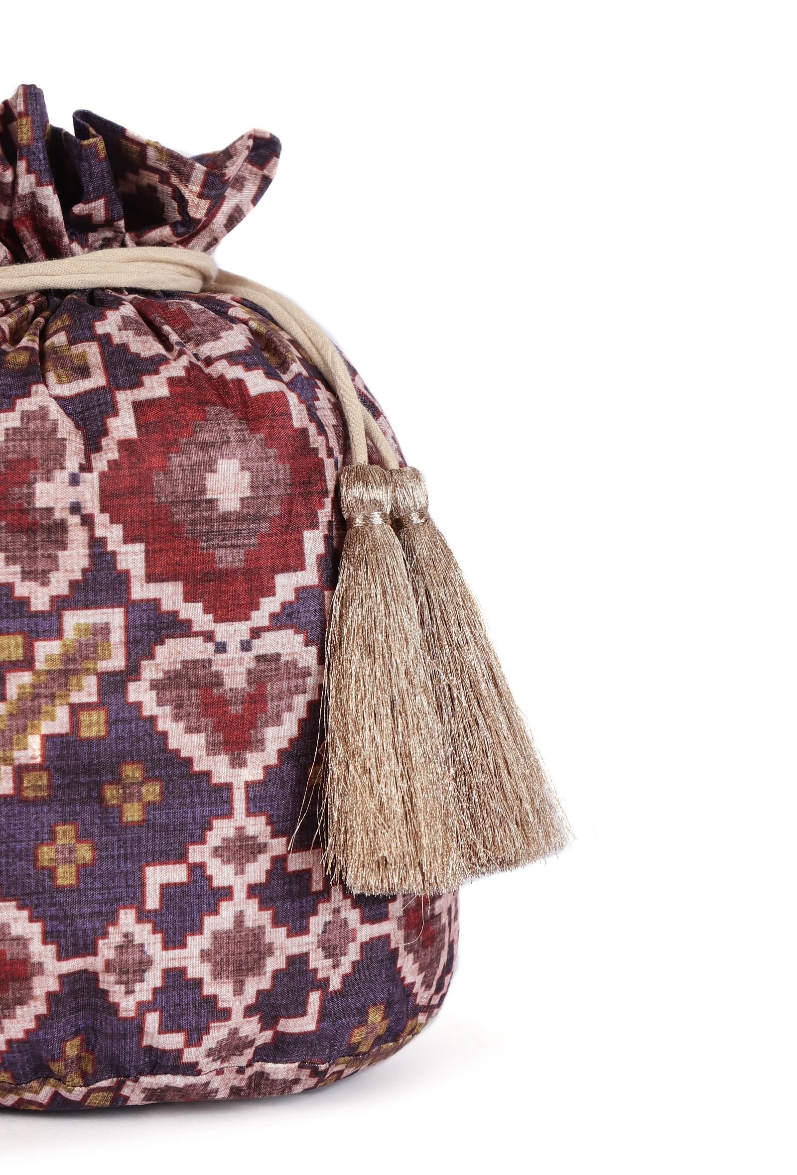 Advika Blue & Multi Silk Patola Print Potli With Tassels