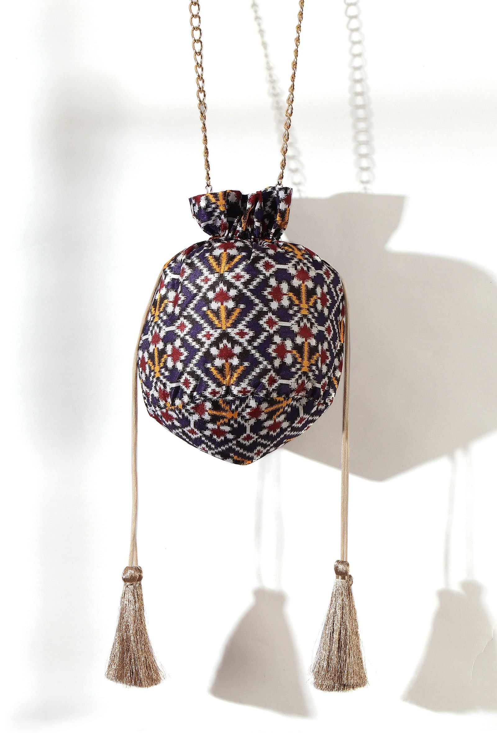 Chahat Blue, White & Multi Silk Patola Print Potli With Tassels