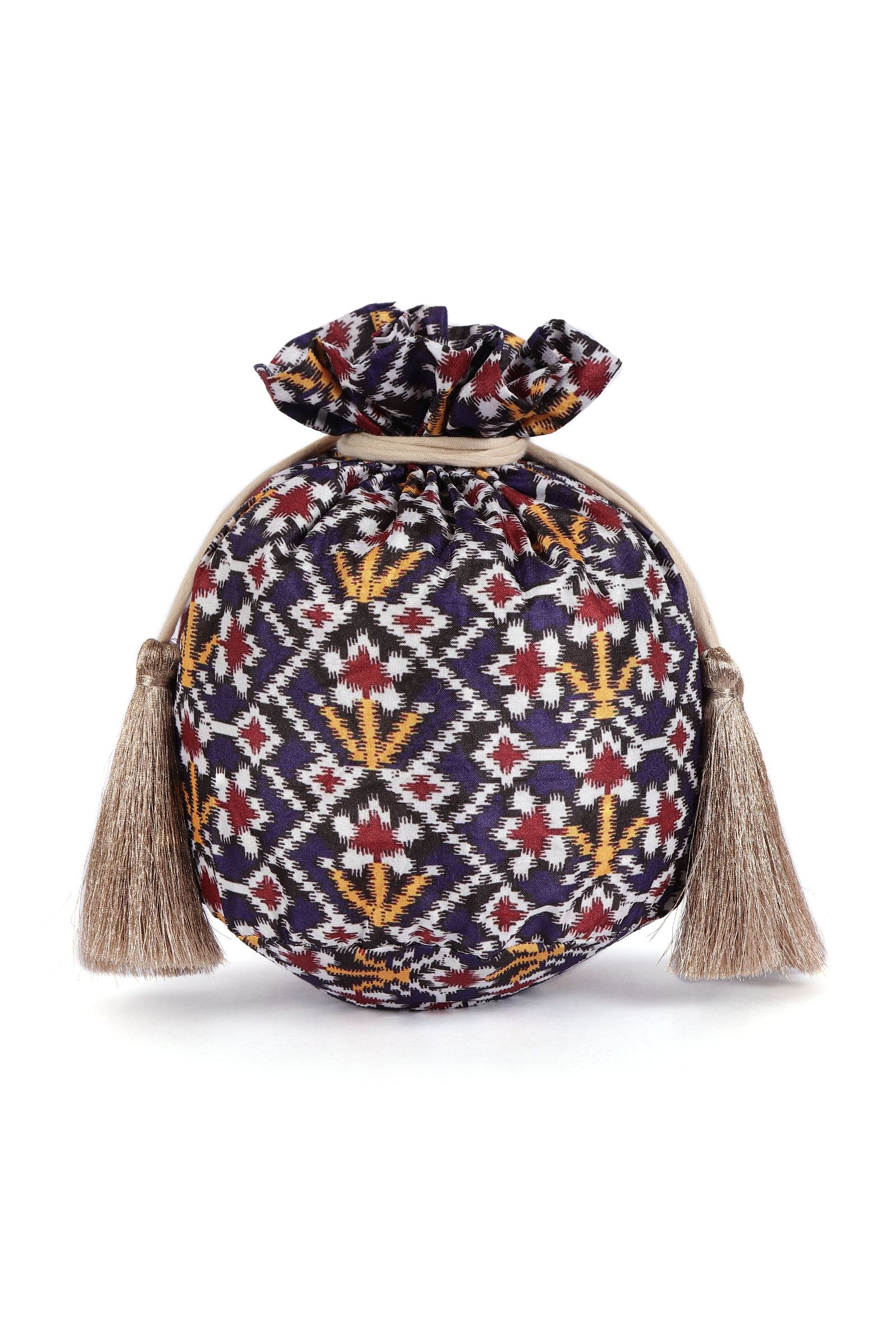 Chahat Blue, White & Multi Silk Patola Print Potli With Tassels
