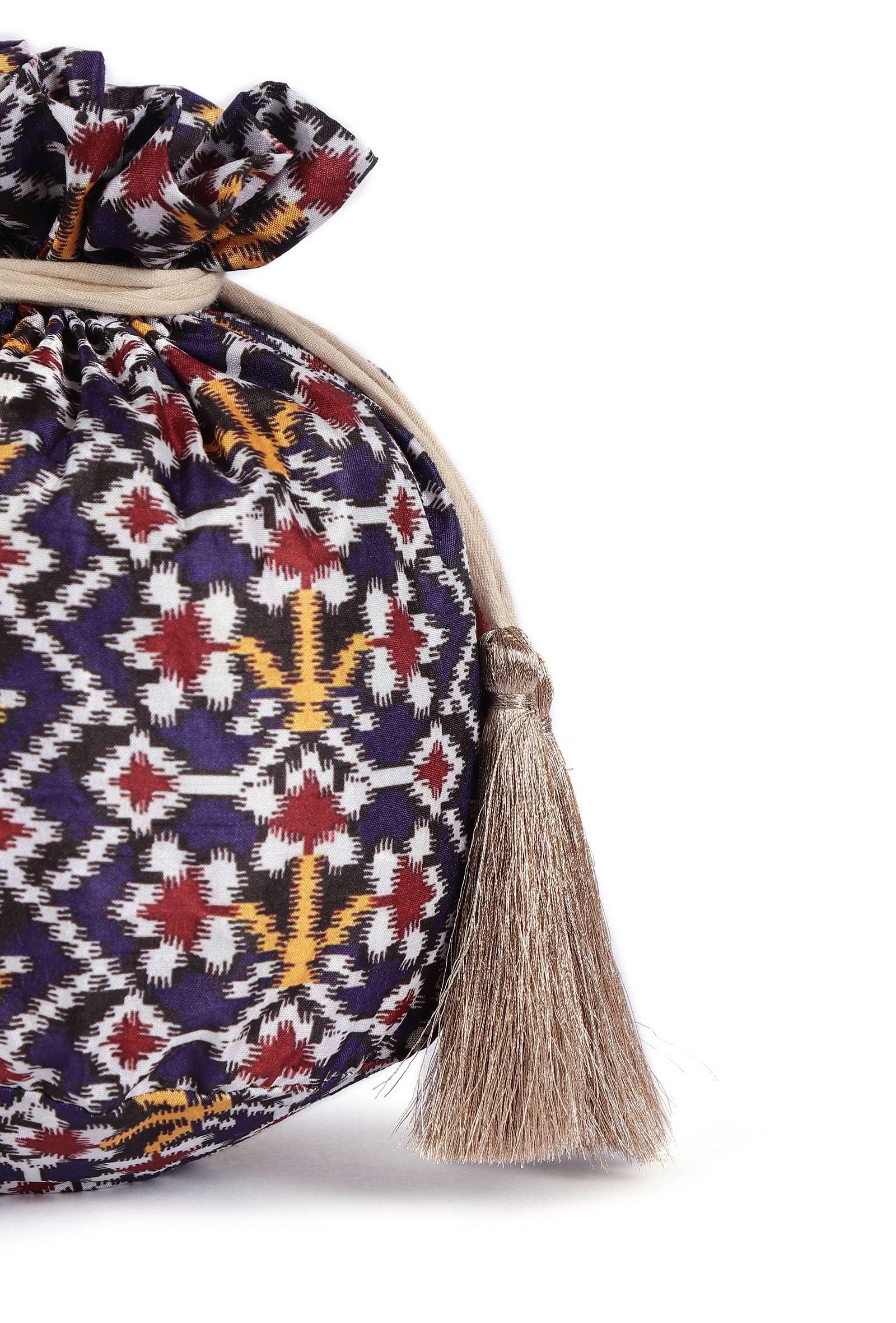 Chahat Blue, White & Multi Silk Patola Print Potli With Tassels