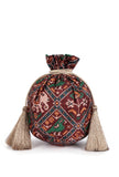 Surilee Maroon & Multi Silk Patola Print Potli With Tassels