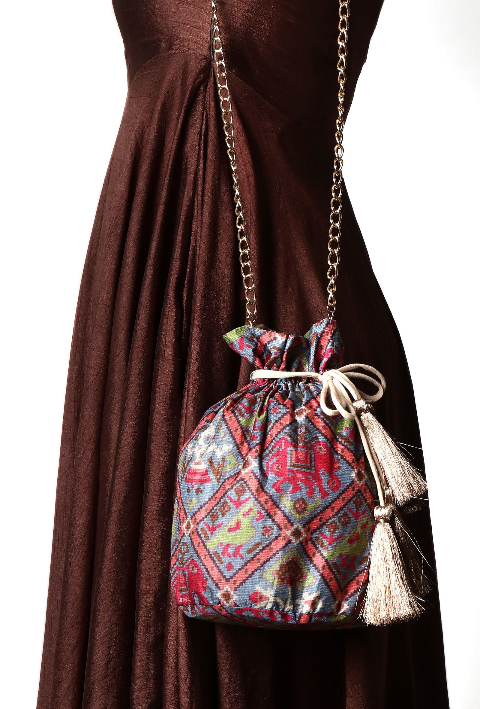 Estaa Blue & Multi Silk Patola Print Potli With Tassels