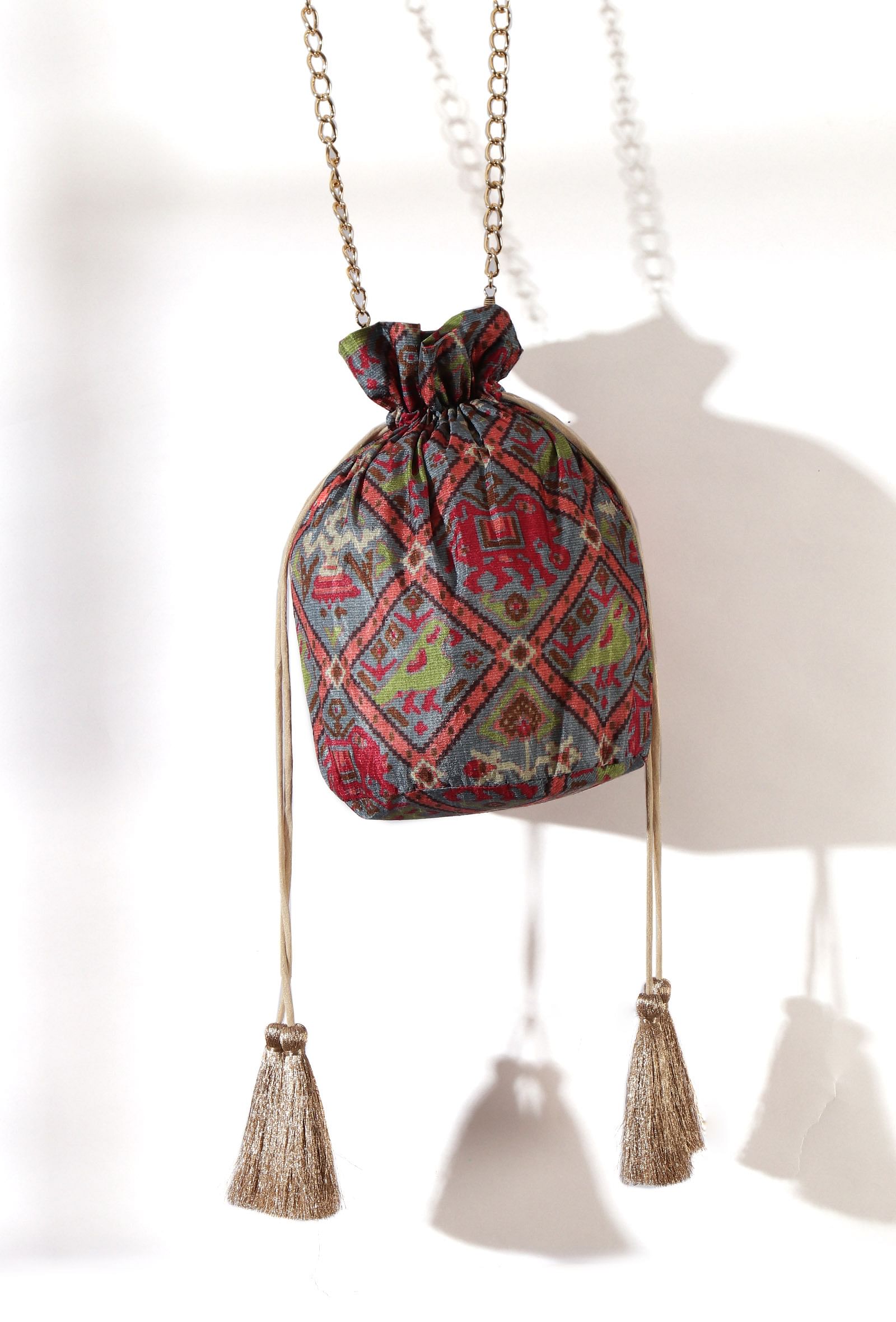 Estaa Blue & Multi Silk Patola Print Potli With Tassels