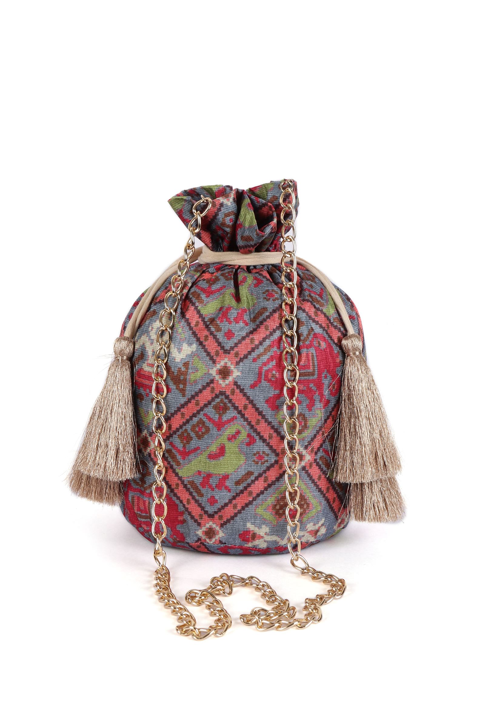 Estaa Blue & Multi Silk Patola Print Potli With Tassels