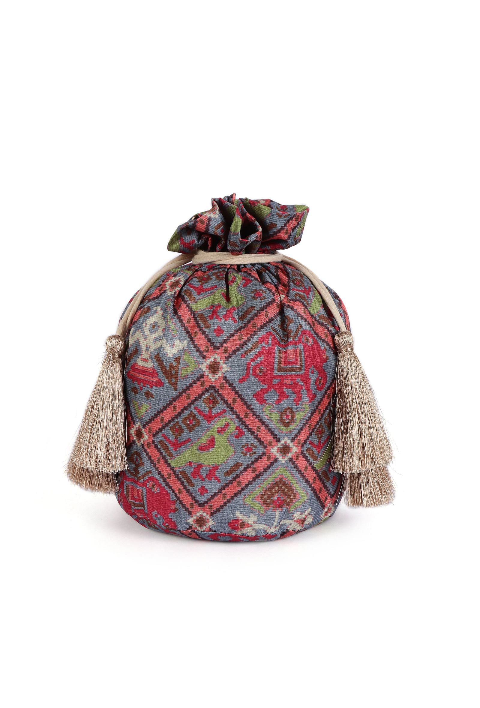 Estaa Blue & Multi Silk Patola Print Potli With Tassels
